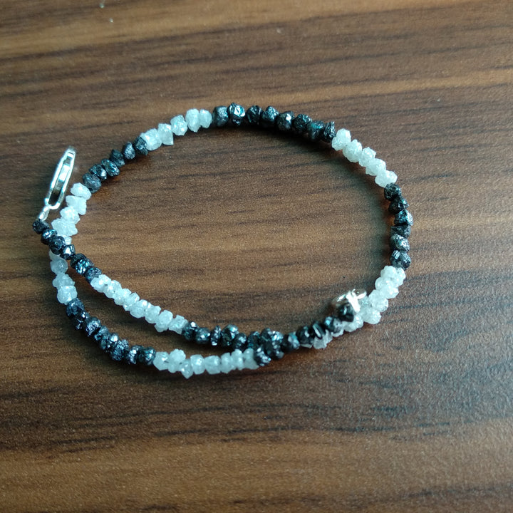 8.00 Ct Natural White Black Raw Rough Loose Diamonds Beads 6.50" Bracelet wt Silver Clasp
