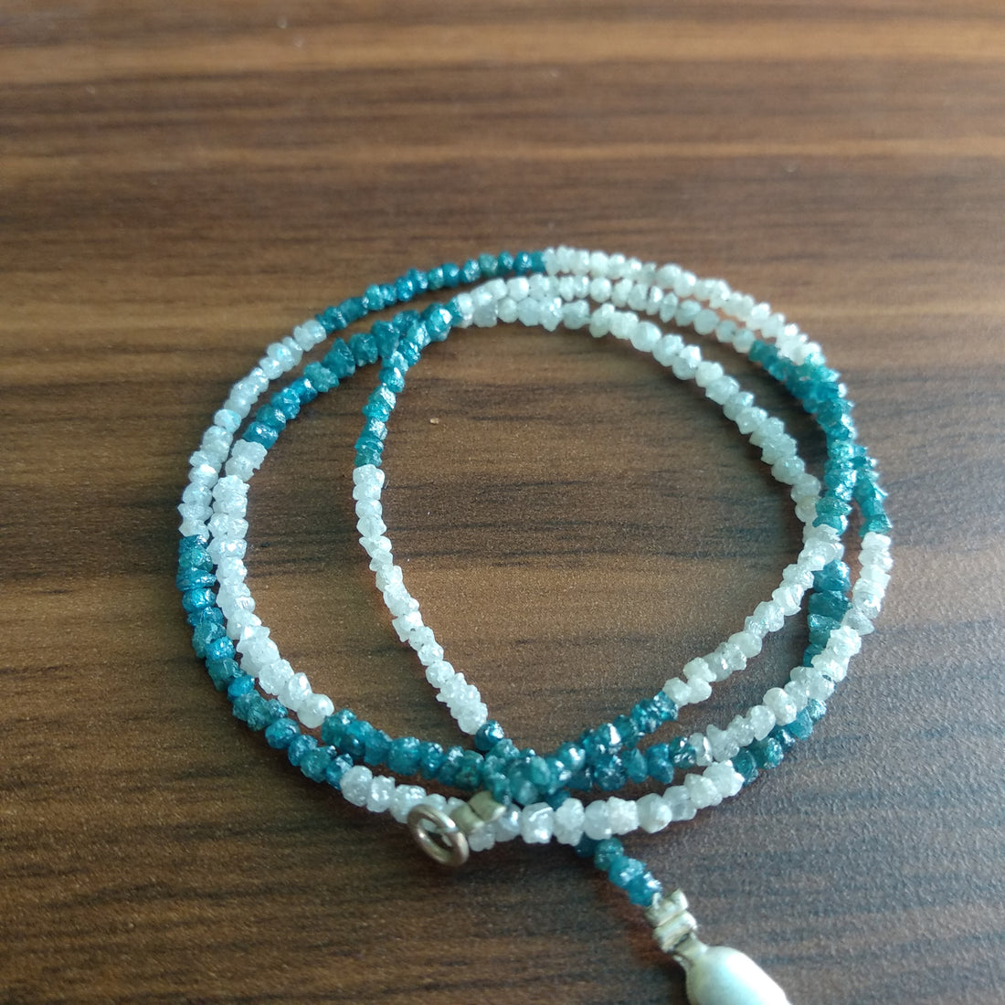 15 ct natural blue & white rough uncut loose diamond beads 16" strand chain wt silver clasp