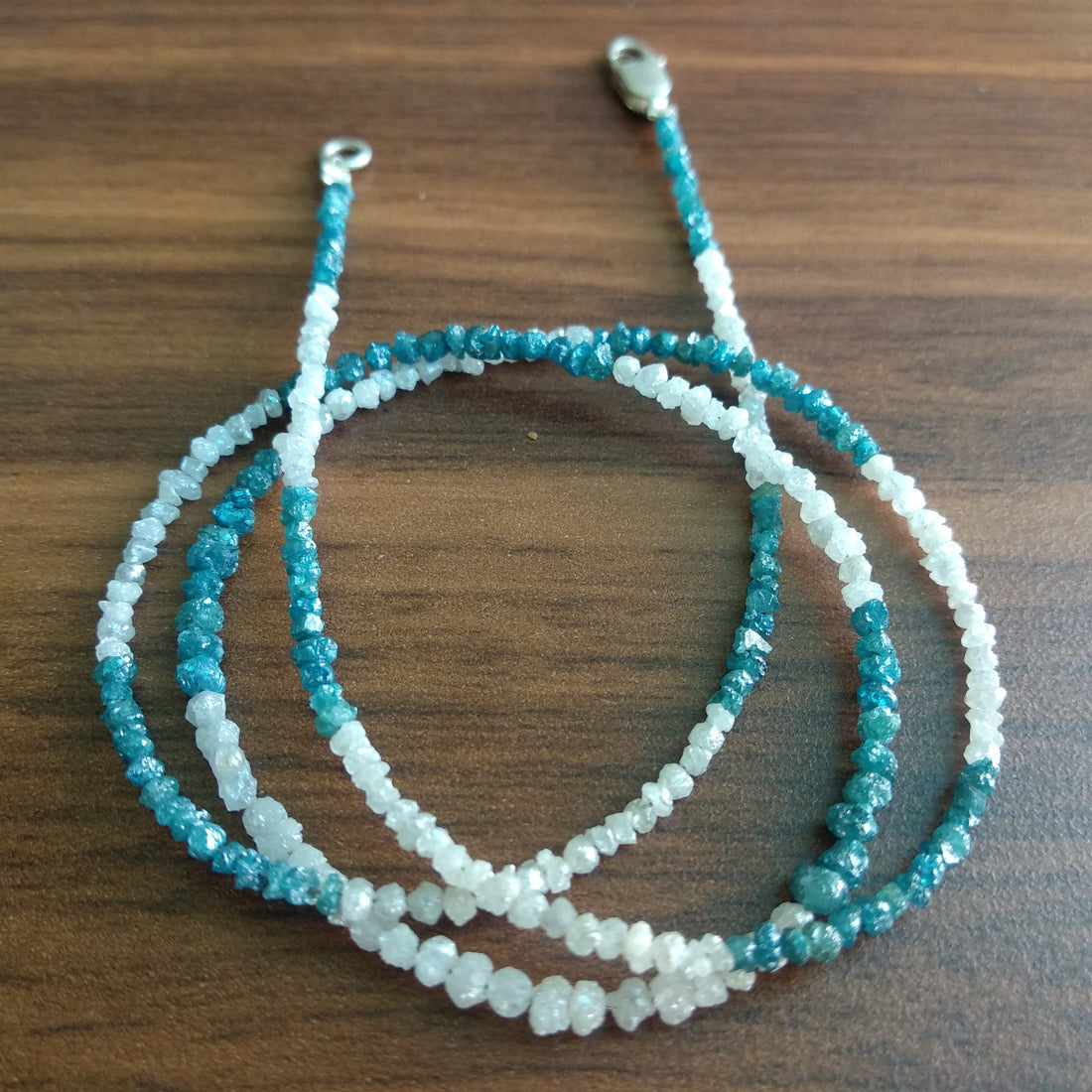 15 ct natural blue & white rough uncut loose diamond beads 16" strand chain wt silver clasp