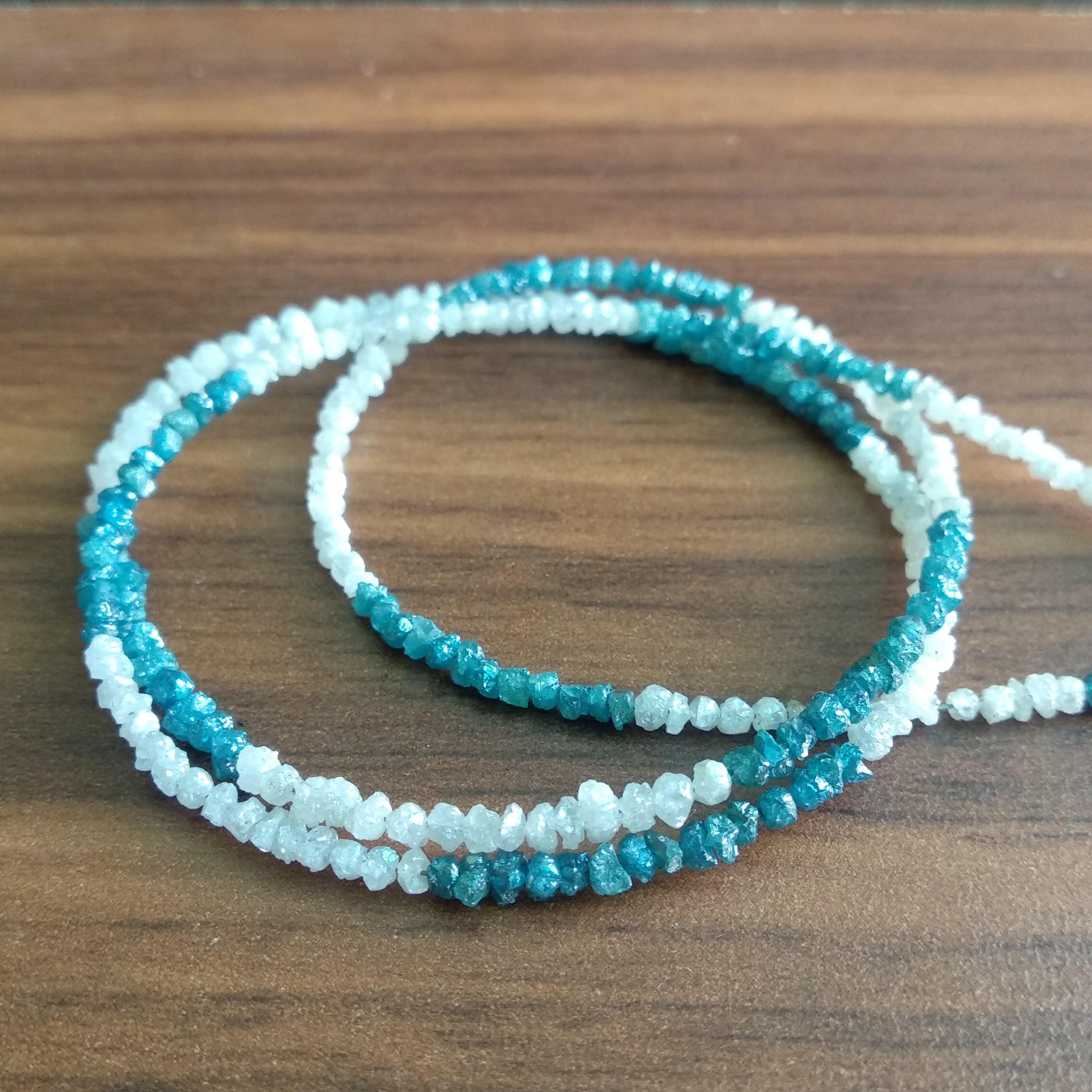 15 ct natural blue & white rough uncut loose diamond beads 16" strand chain wt silver clasp