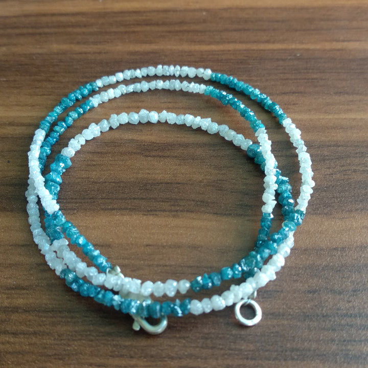 15 ct natural blue & white rough uncut loose diamond beads 16" strand chain wt silver clasp
