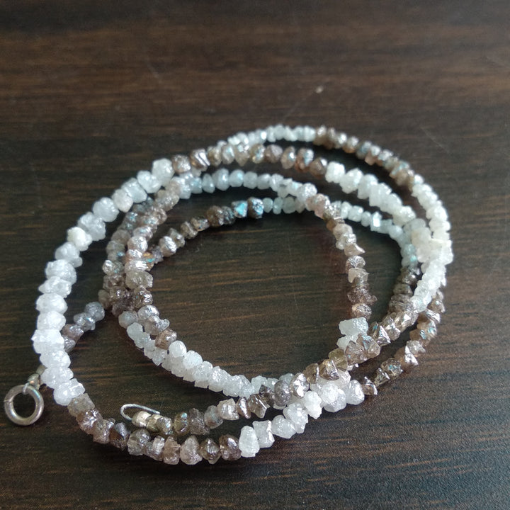 Natural White & Brown Color Raw Uncut Rough Diamonds Beads 16" Necklace Strand Chain with Silver Clasp 20 Carat