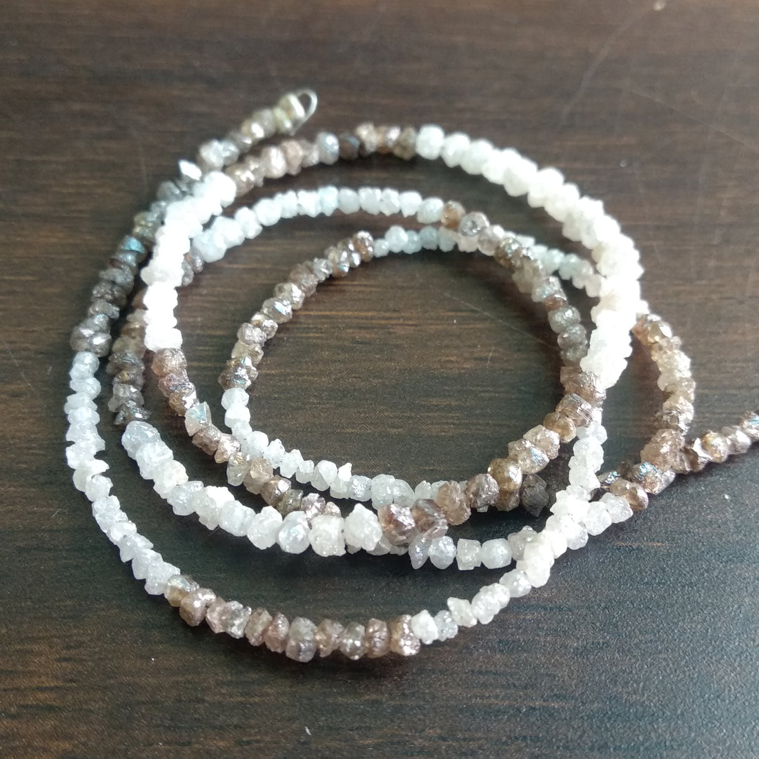 Natural White & Brown Color Raw Uncut Rough Diamonds Beads 16" Necklace Strand Chain with Silver Clasp 20 Carat