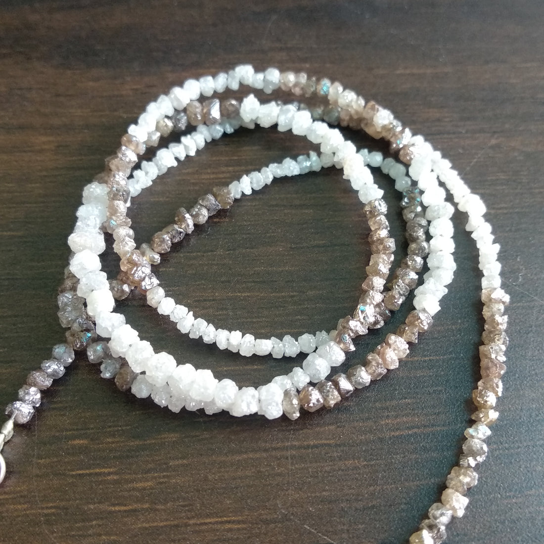 Natural White & Brown Color Raw Uncut Rough Diamonds Beads 16" Necklace Strand Chain with Silver Clasp 20 Carat