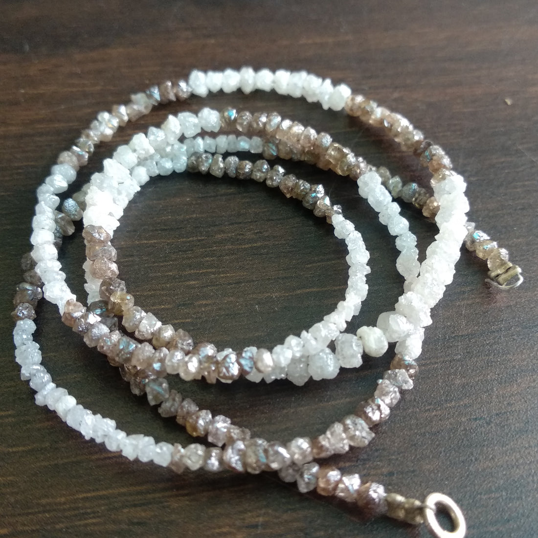 Natural White & Brown Color Raw Uncut Rough Diamonds Beads 16" Necklace Strand Chain with Silver Clasp 20 Carat