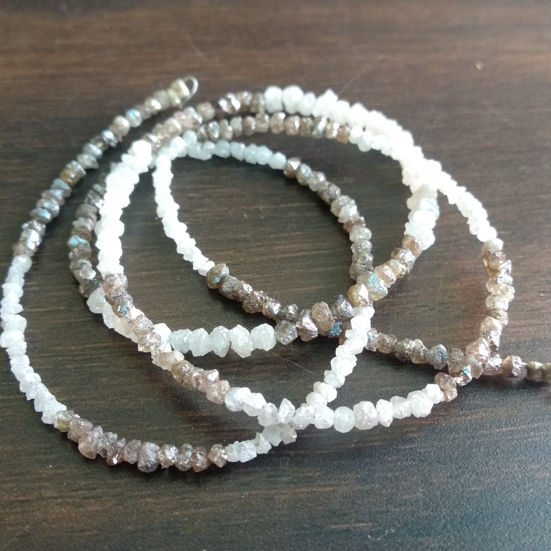 Natural White & Brown Color Raw Uncut Rough Diamonds Beads 16" Necklace Strand Chain with Silver Clasp 20 Carat