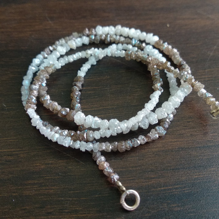 Natural White & Brown Color Raw Uncut Rough Diamonds Beads 16" Necklace Strand Chain with Silver Clasp 20 Carat