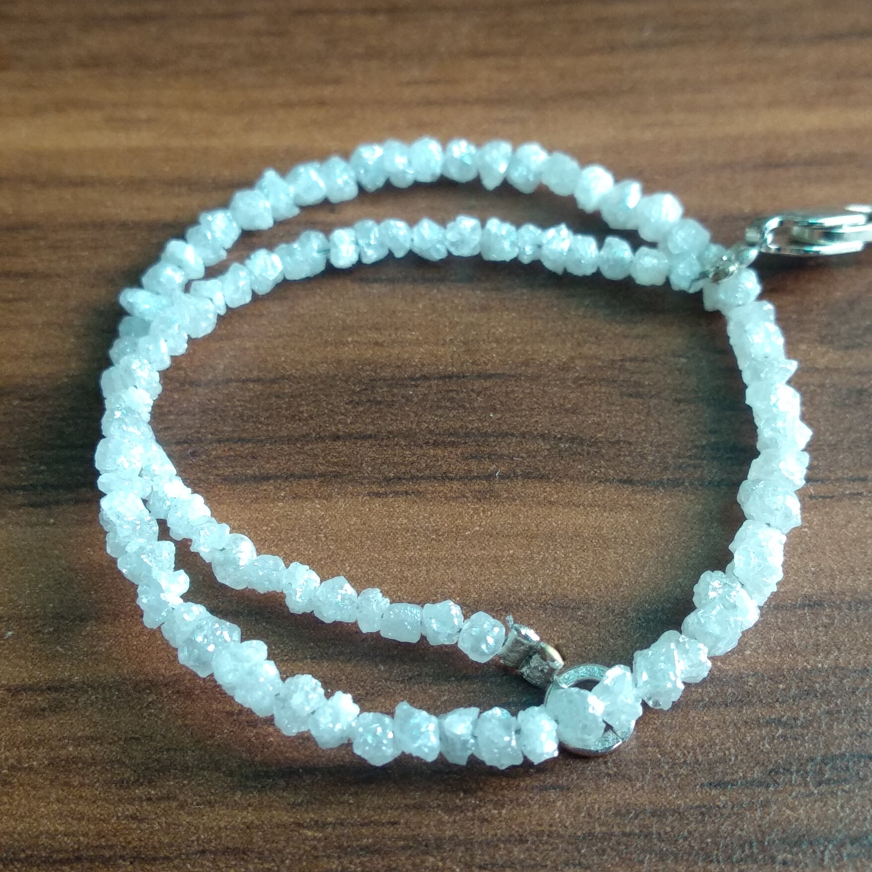 8.00 Ct Natural White Raw Rough Diamond Beads 6.50" Bracelet wt Silver Clasp