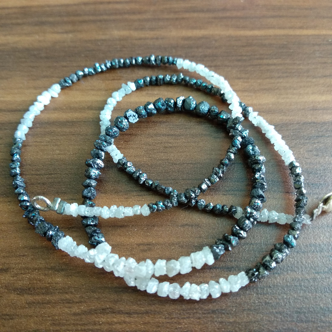 Natural White & Black Color Raw Uncut Rough Diamonds Beads 16" Necklace Strand Chain with Silver Clasp 20 Carat