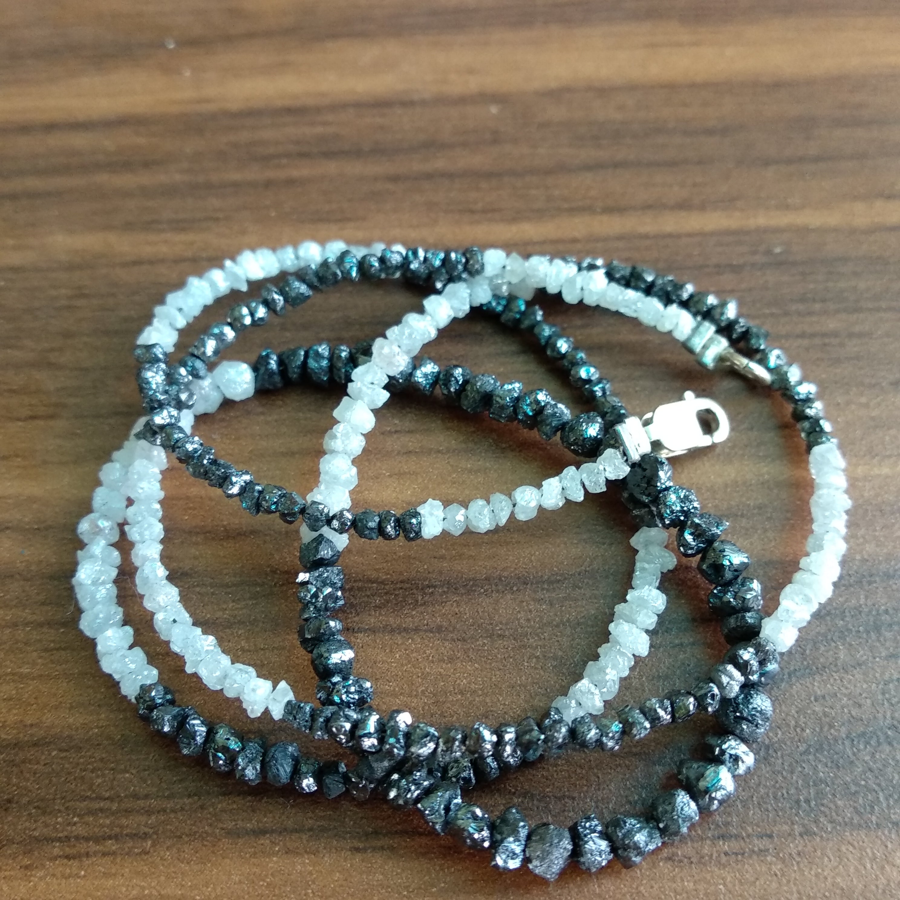 Natural White & Black Color Raw Uncut Rough Diamonds Beads 16" Necklace Strand Chain with Silver Clasp 20 Carat
