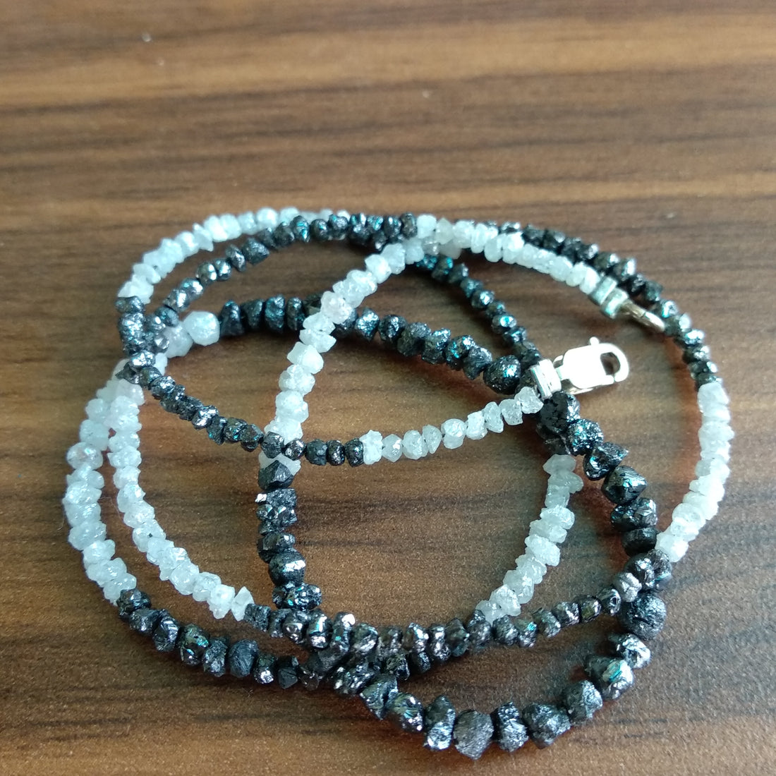 Natural White & Black Color Raw Uncut Rough Diamonds Beads 16" Necklace Strand Chain with Silver Clasp 20 Carat
