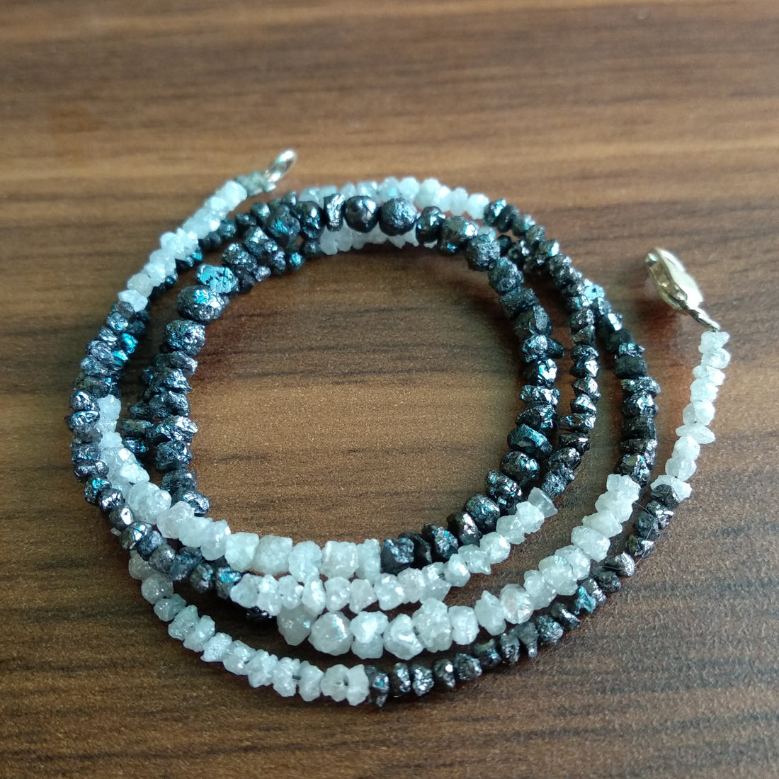 Natural White & Black Color Raw Uncut Rough Diamonds Beads 16" Necklace Strand Chain with Silver Clasp 20 Carat