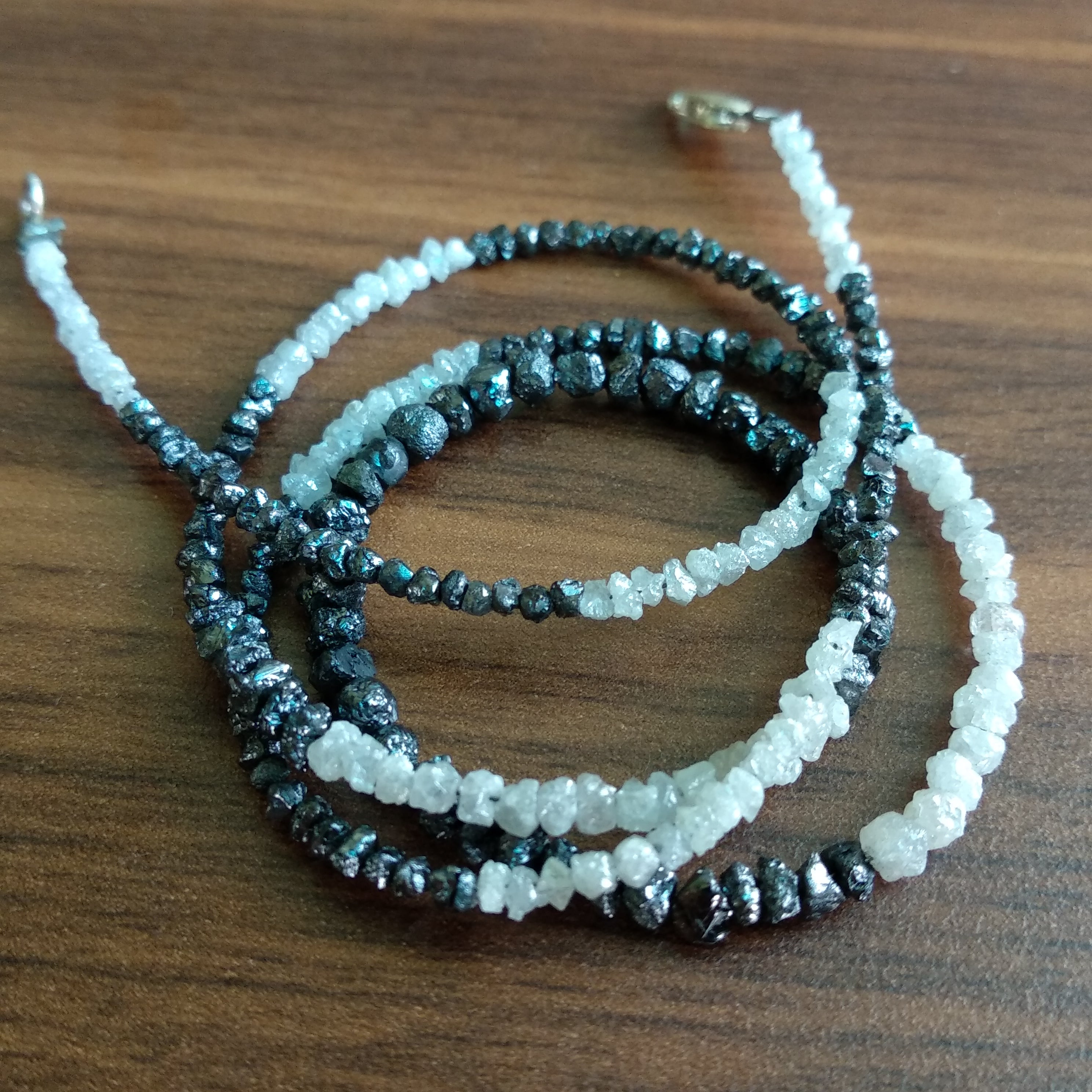 Natural White & Black Color Raw Uncut Rough Diamonds Beads 16" Necklace Strand Chain with Silver Clasp 20 Carat