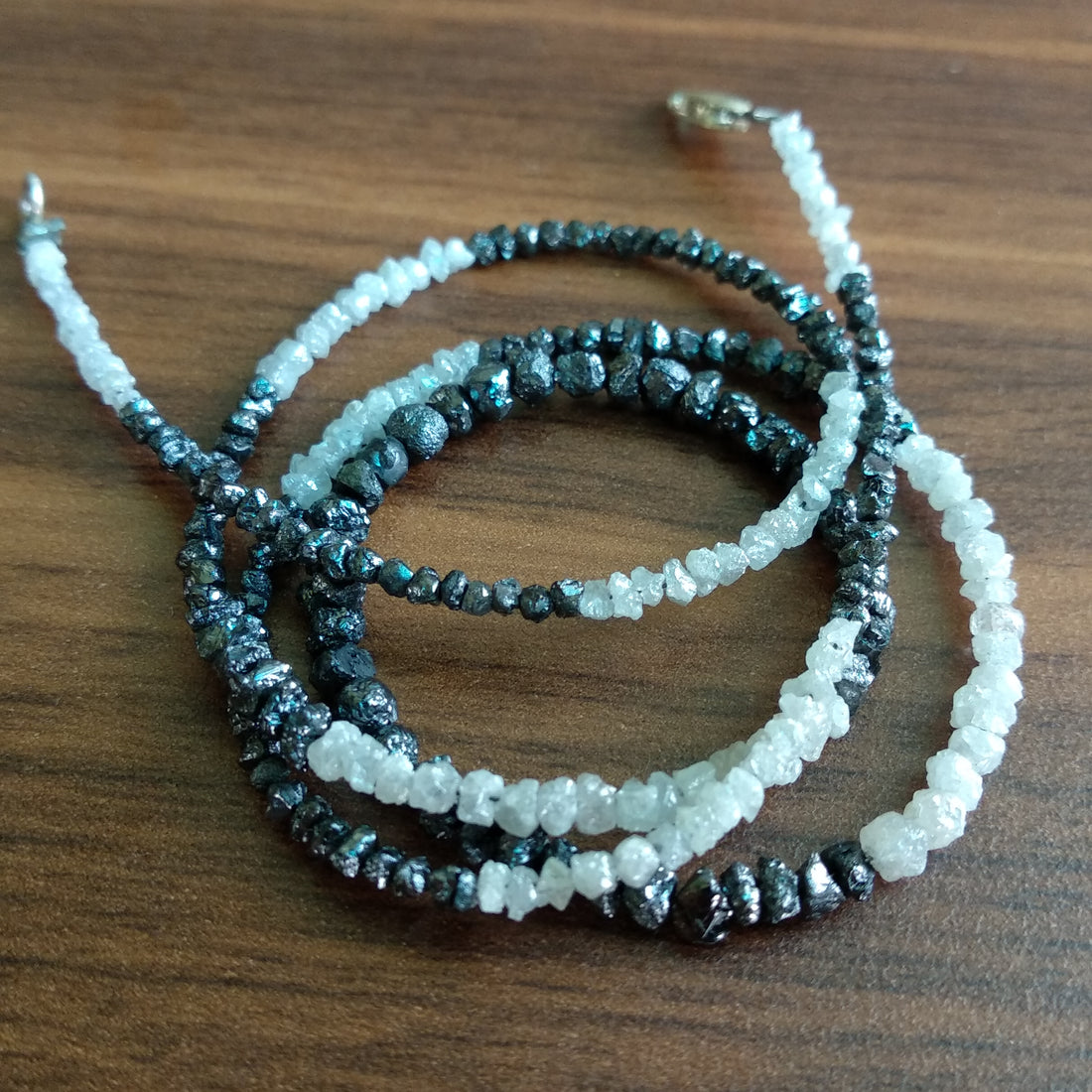 Natural White & Black Color Raw Uncut Rough Diamonds Beads 16" Necklace Strand Chain with Silver Clasp 20 Carat