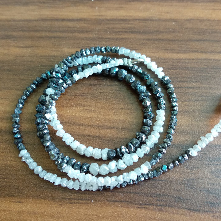 Natural White & Black Color Raw Uncut Rough Diamonds Beads 16" Necklace Strand Chain with Silver Clasp 20 Carat