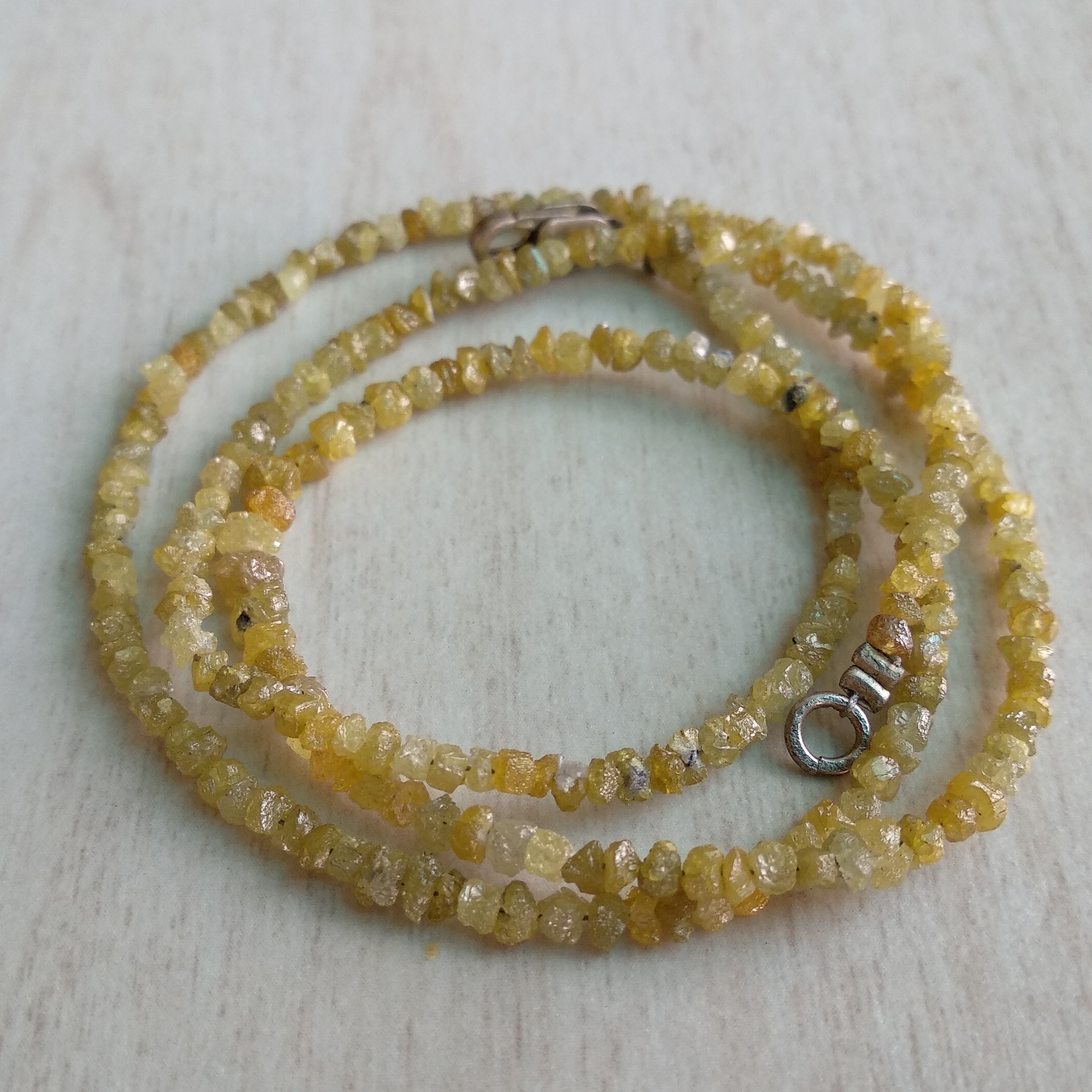 15.00 Ct Natural Yellow Rough Loose Diamond Beads 16" Strand Necklace wt Silver Clasp