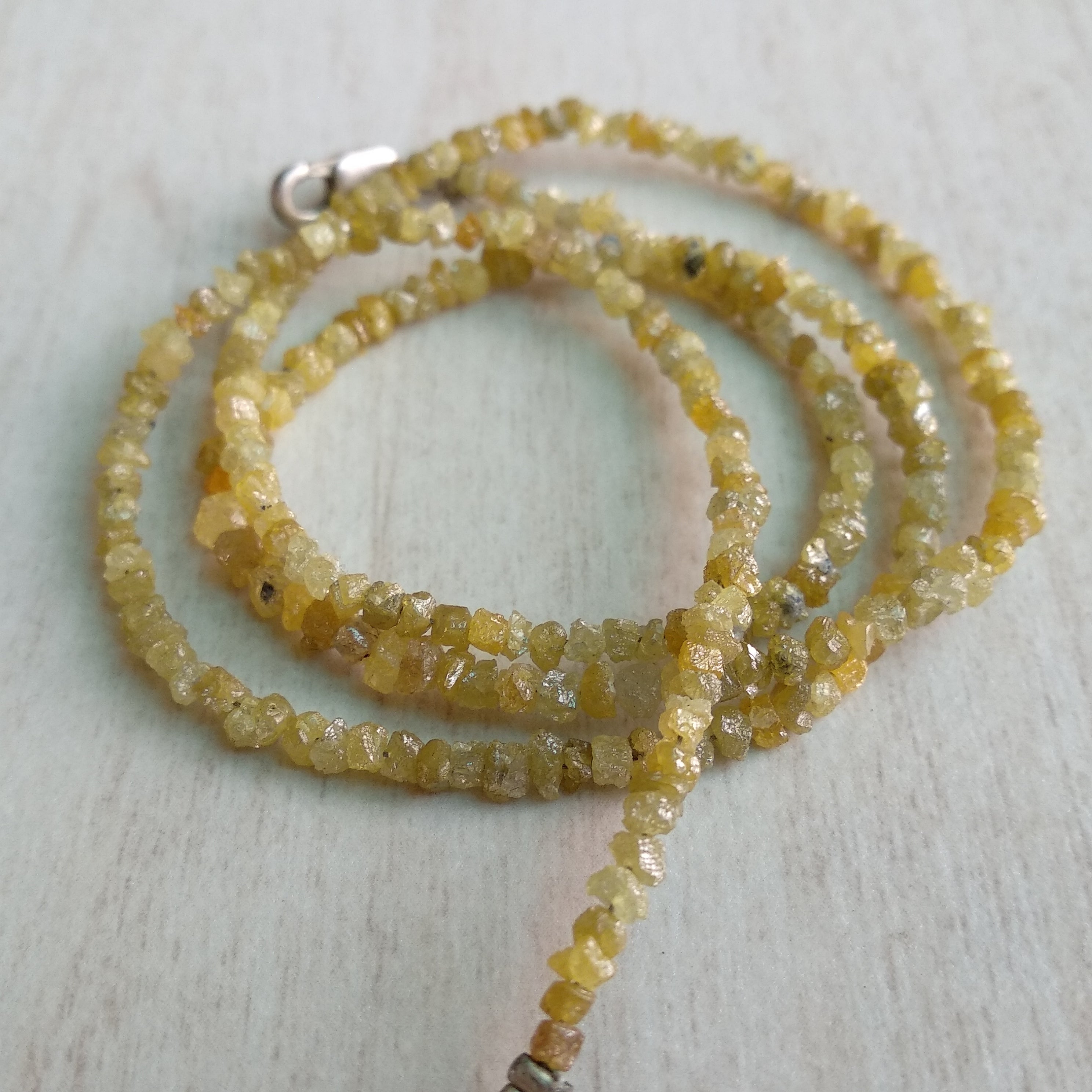 15.00 Ct Natural Yellow Rough Loose Diamond Beads 16" Strand Necklace wt Silver Clasp