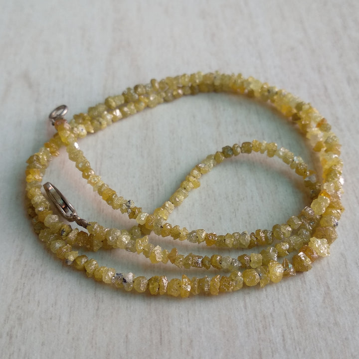 15.00 Ct Natural Yellow Rough Loose Diamond Beads 16" Strand Necklace wt Silver Clasp