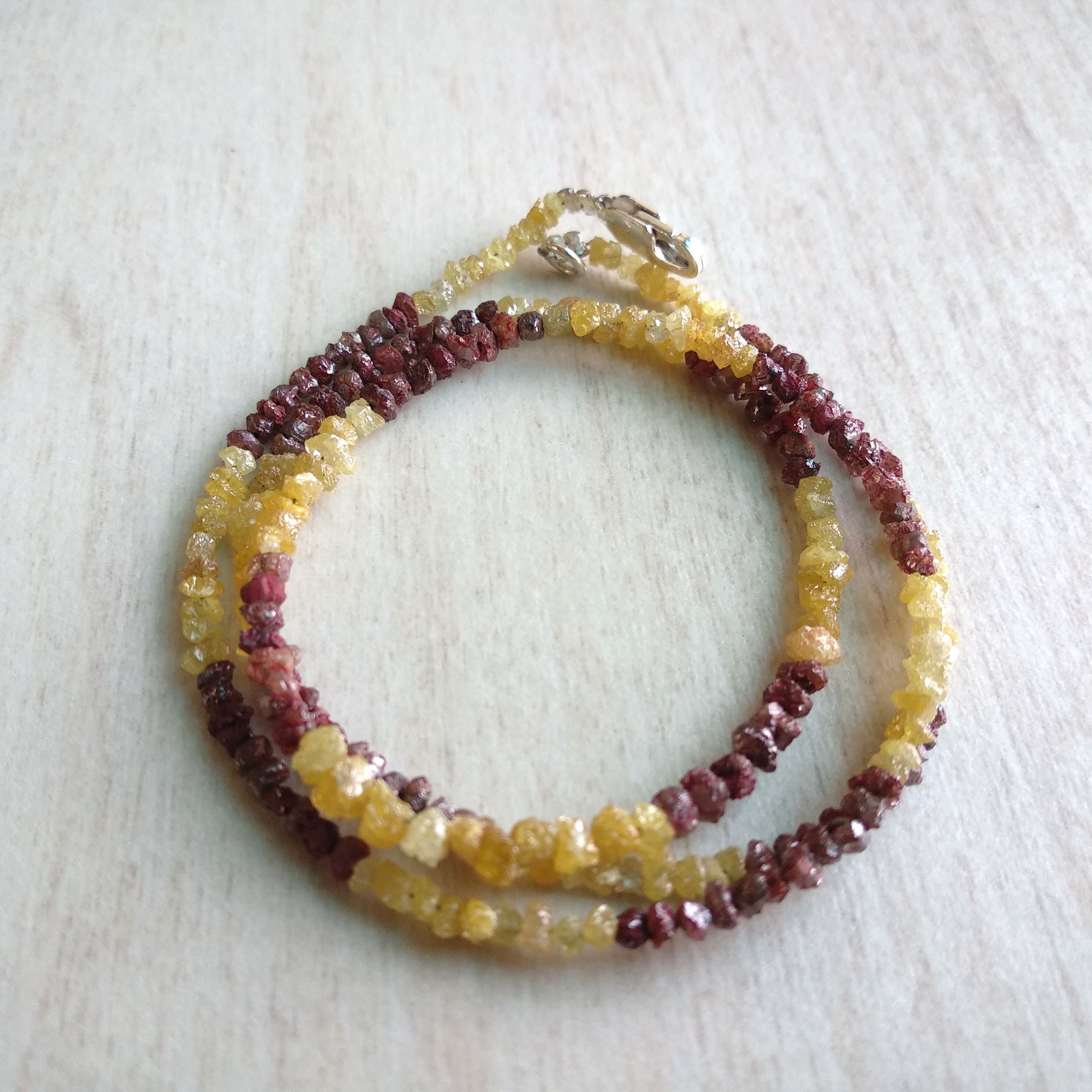 15.00 Ct Natural Yellow Red Color Raw Uncut Rough Loose Diamonds Beads 16" Necklace Strand with Silver Clasp