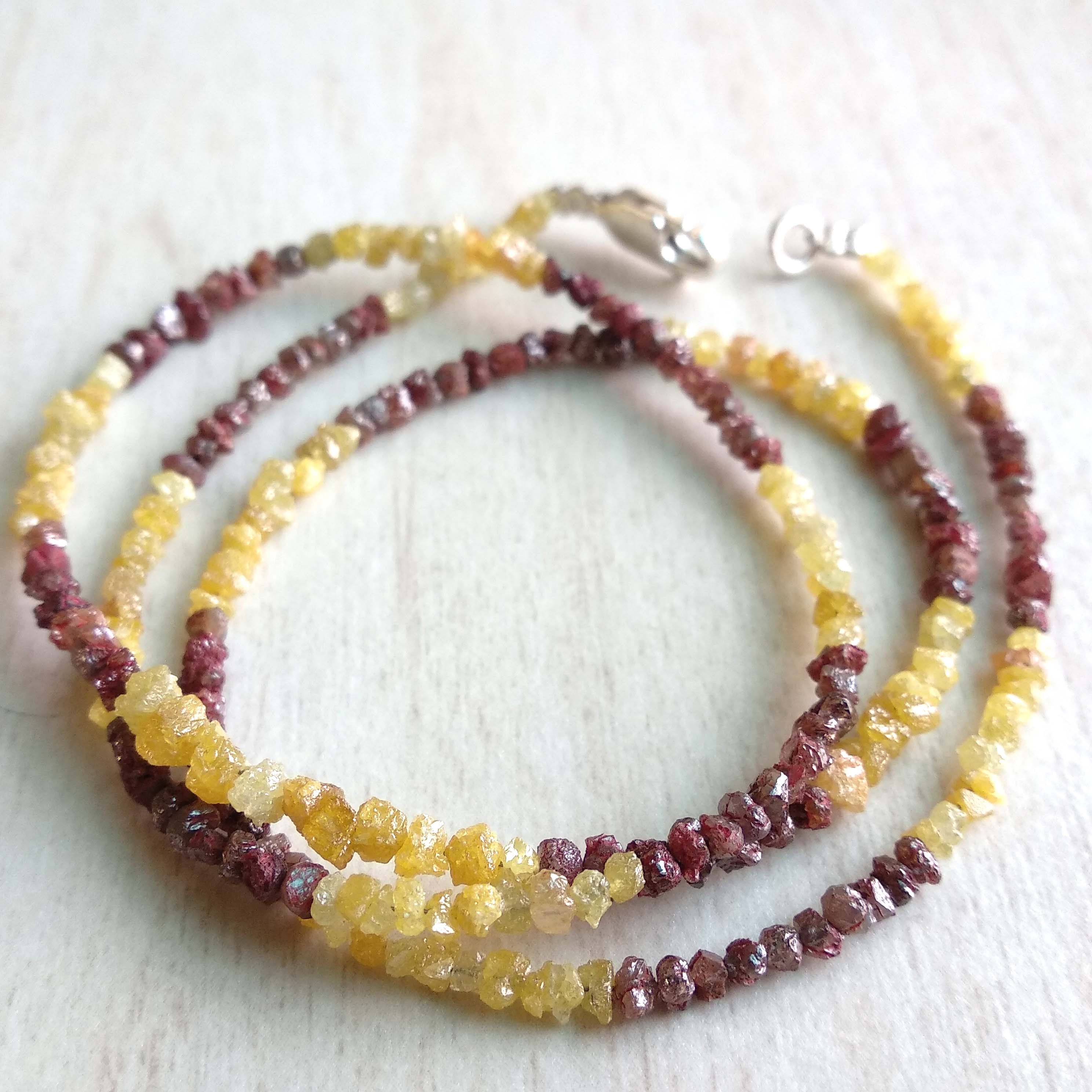 20.00 Ct Natural Red Yellow Color Raw Uncut Rough Loose Diamonds Beads 16" Necklace Strand with Silver Clasp