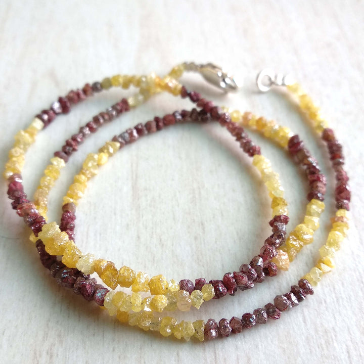 20.00 Ct Natural Red Yellow Color Raw Uncut Rough Loose Diamonds Beads 16" Necklace Strand with Silver Clasp
