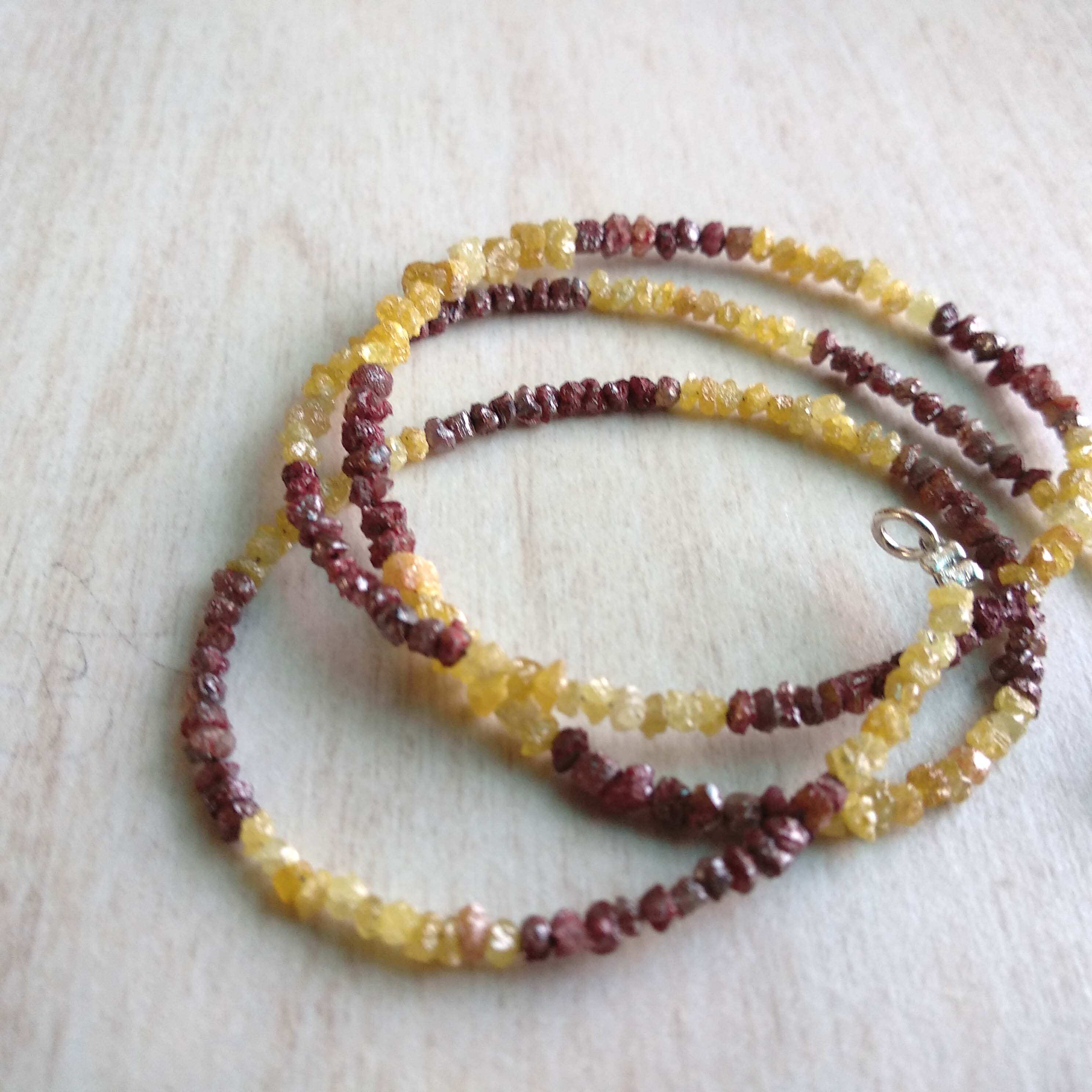 15.00 Ct Natural Yellow Red Color Raw Uncut Rough Loose Diamonds Beads 16" Necklace Strand with Silver Clasp