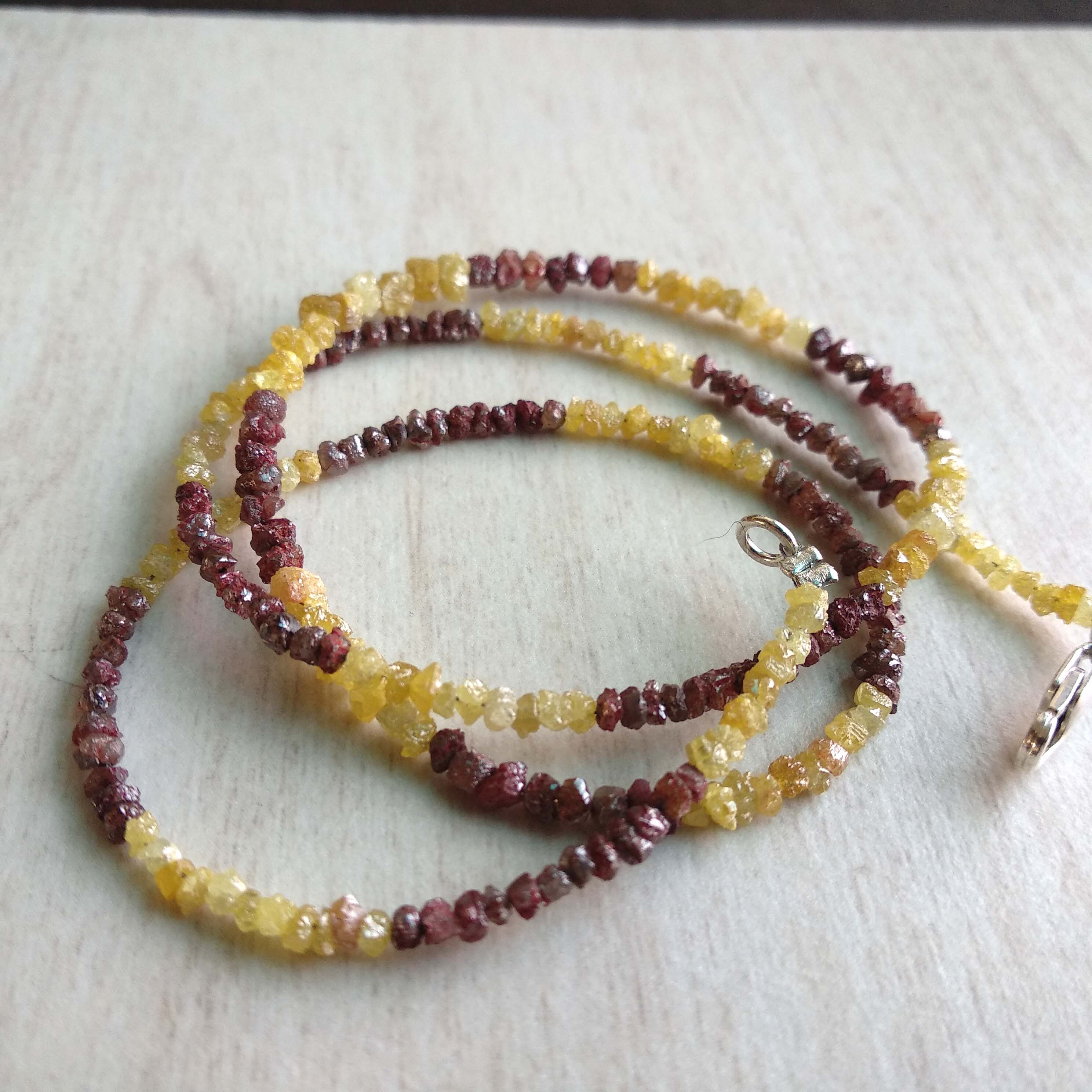 15.00 Ct Natural Yellow Red Color Raw Uncut Rough Loose Diamonds Beads 16" Necklace Strand with Silver Clasp