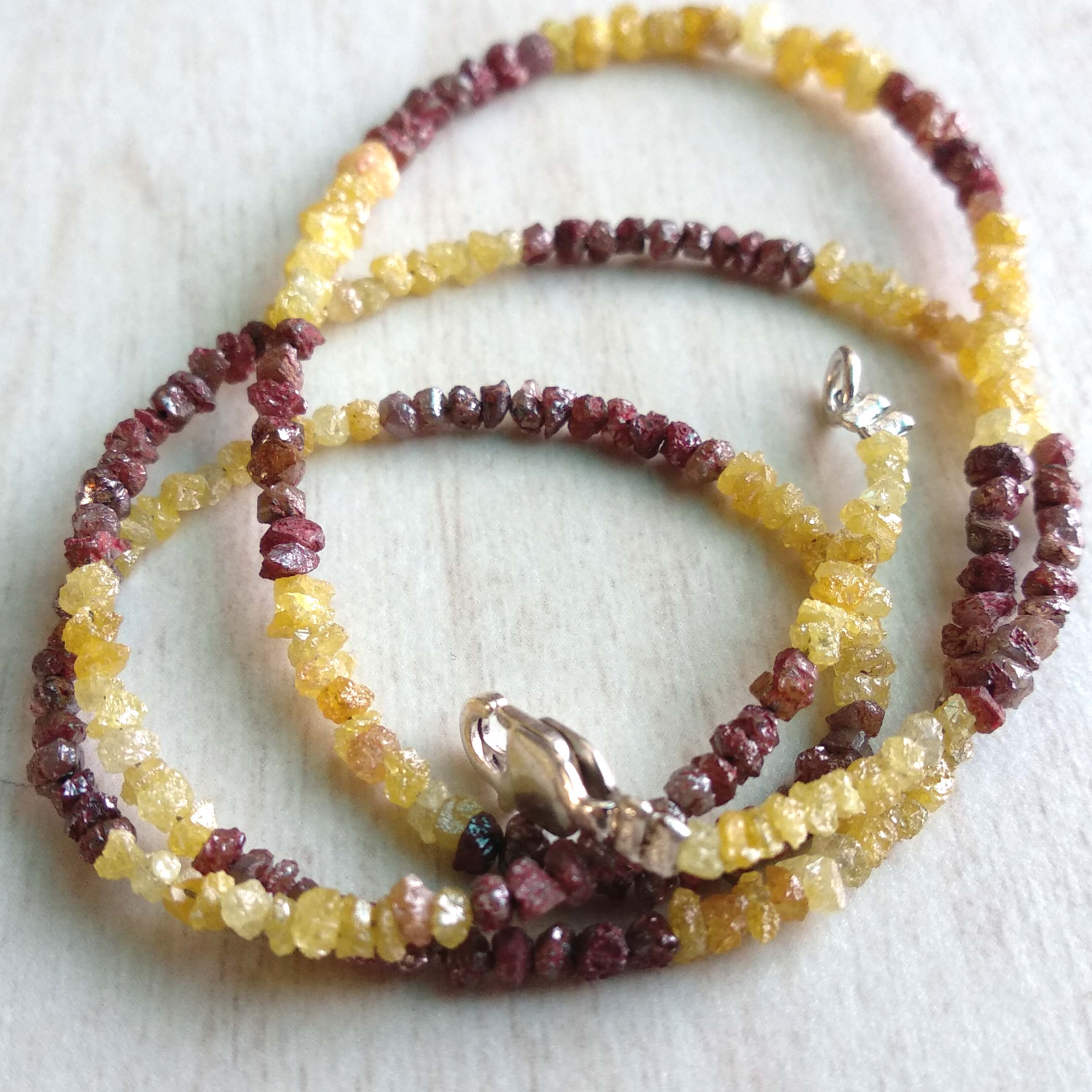 15.00 Ct Natural Yellow Red Color Raw Uncut Rough Loose Diamonds Beads 16" Necklace Strand with Silver Clasp