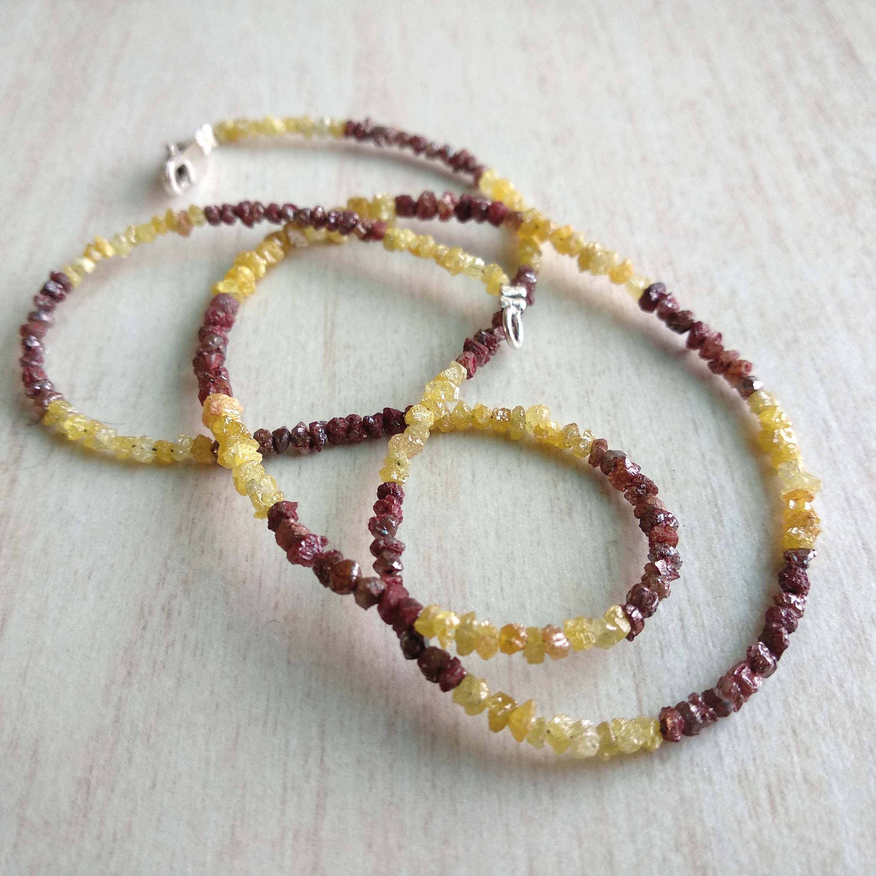 20.00 Ct Natural Red Yellow Color Raw Uncut Rough Loose Diamonds Beads 16" Necklace Strand with Silver Clasp
