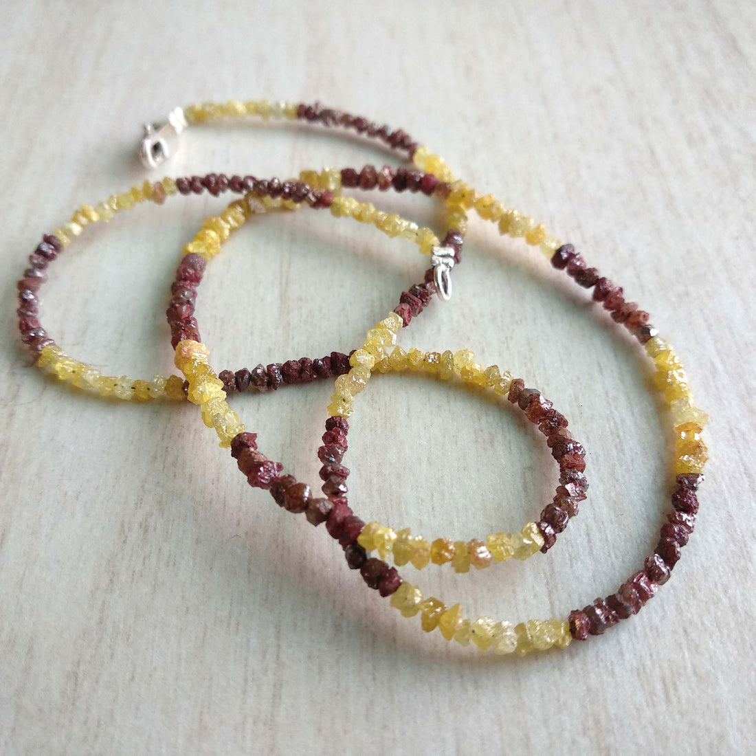 20.00 Ct Natural Red Yellow Color Raw Uncut Rough Loose Diamonds Beads 16" Necklace Strand with Silver Clasp
