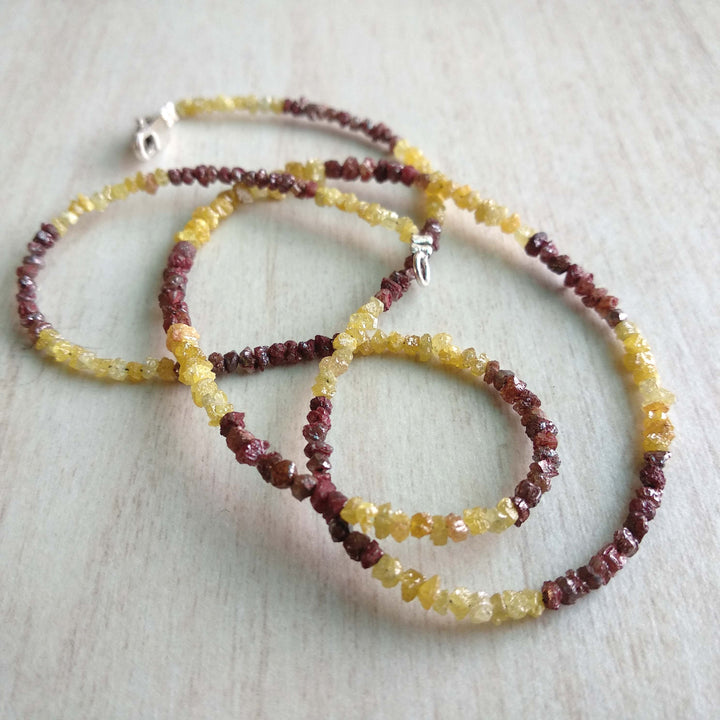 20.00 Ct Natural Red Yellow Color Raw Uncut Rough Loose Diamonds Beads 16" Necklace Strand with Silver Clasp