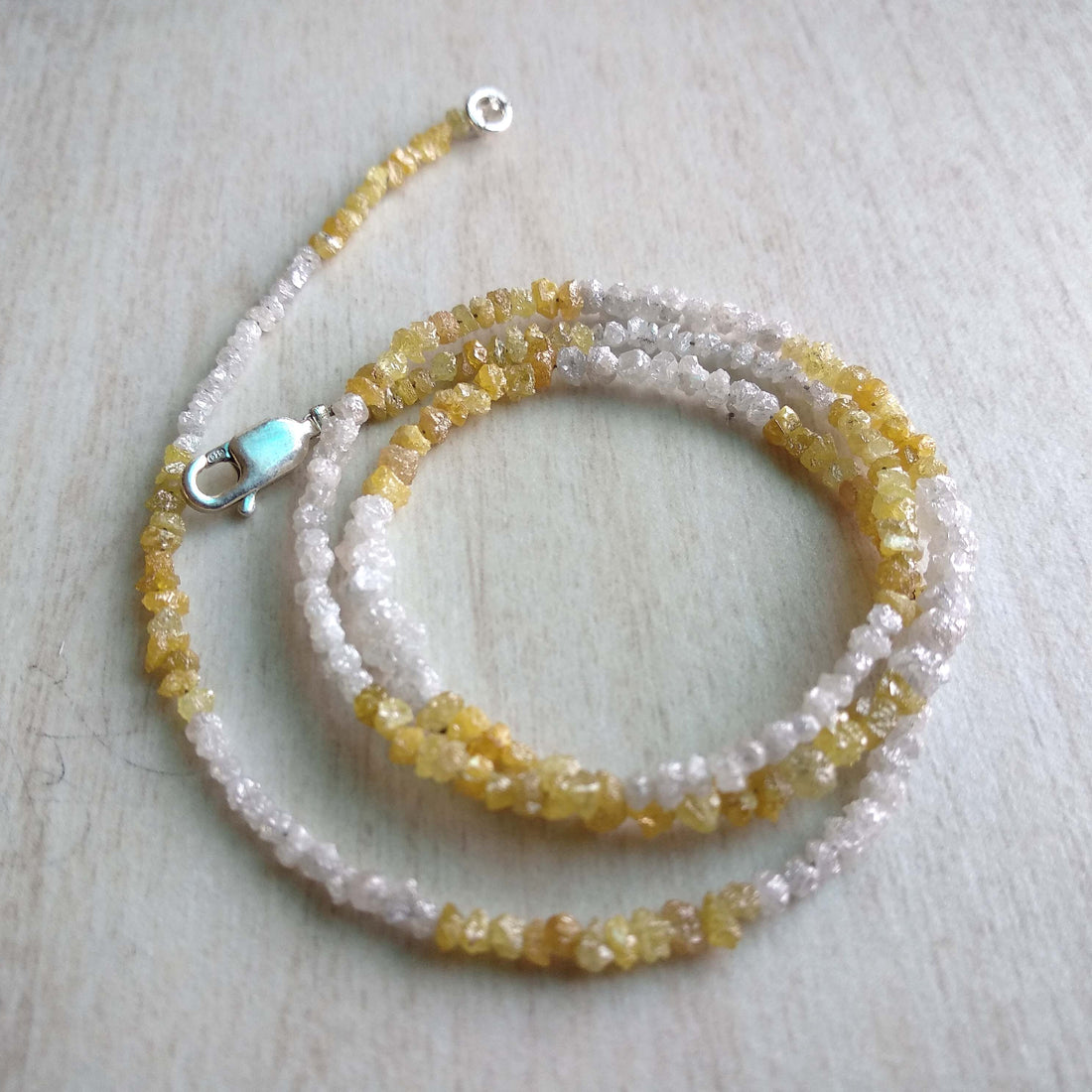 20.00 Ct Natural White Yellow Color Raw Uncut Rough Loose Diamonds Beads 16" Necklace Strand with Silver Clasp