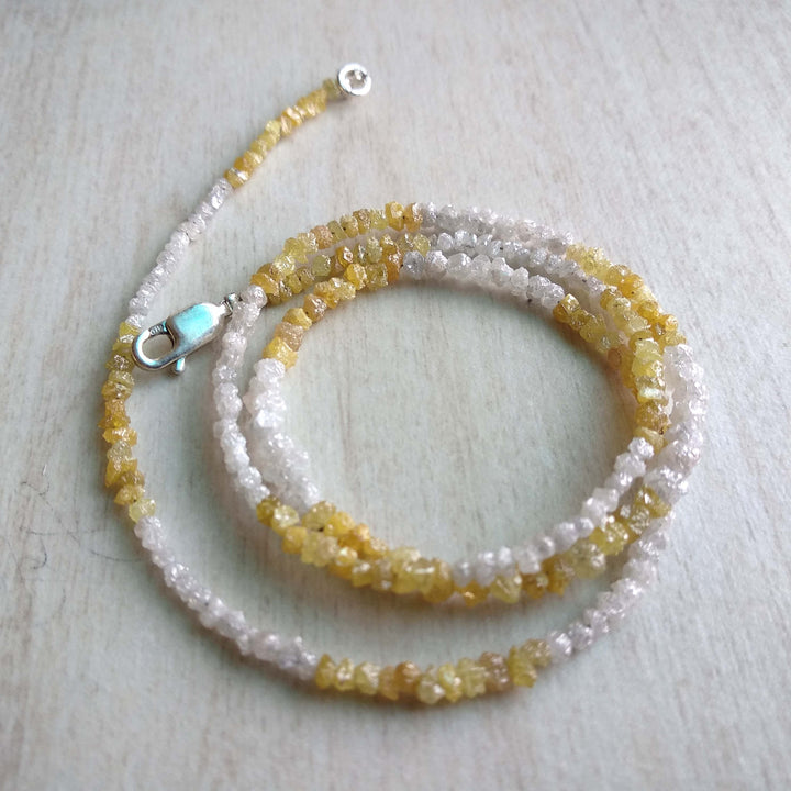 15.00 Ct Natural White Yellow Color Raw Uncut Rough Loose Diamonds Beads 16" Necklace Strand with Silver Clasp