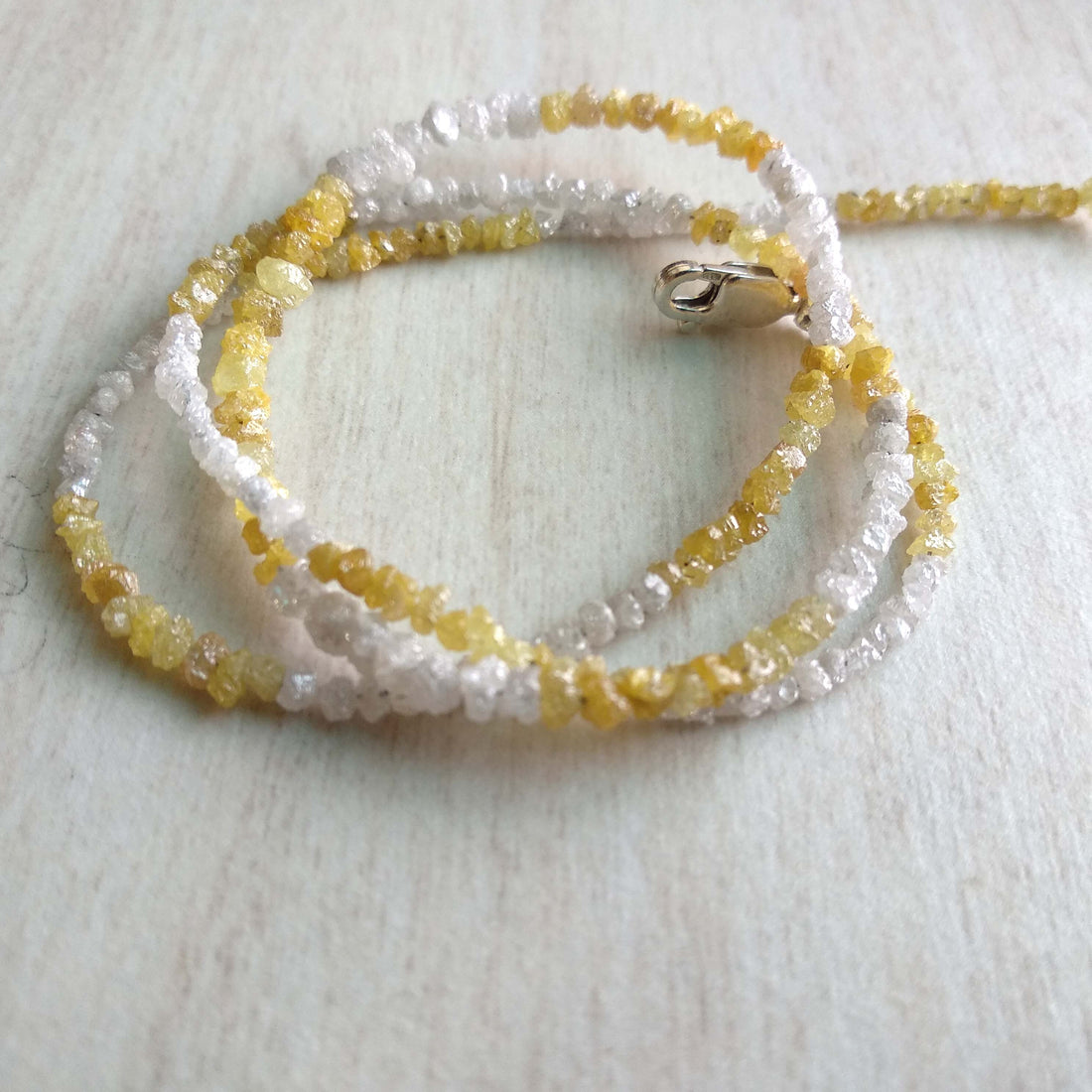 20.00 Ct Natural White Yellow Color Raw Uncut Rough Loose Diamonds Beads 16" Necklace Strand with Silver Clasp