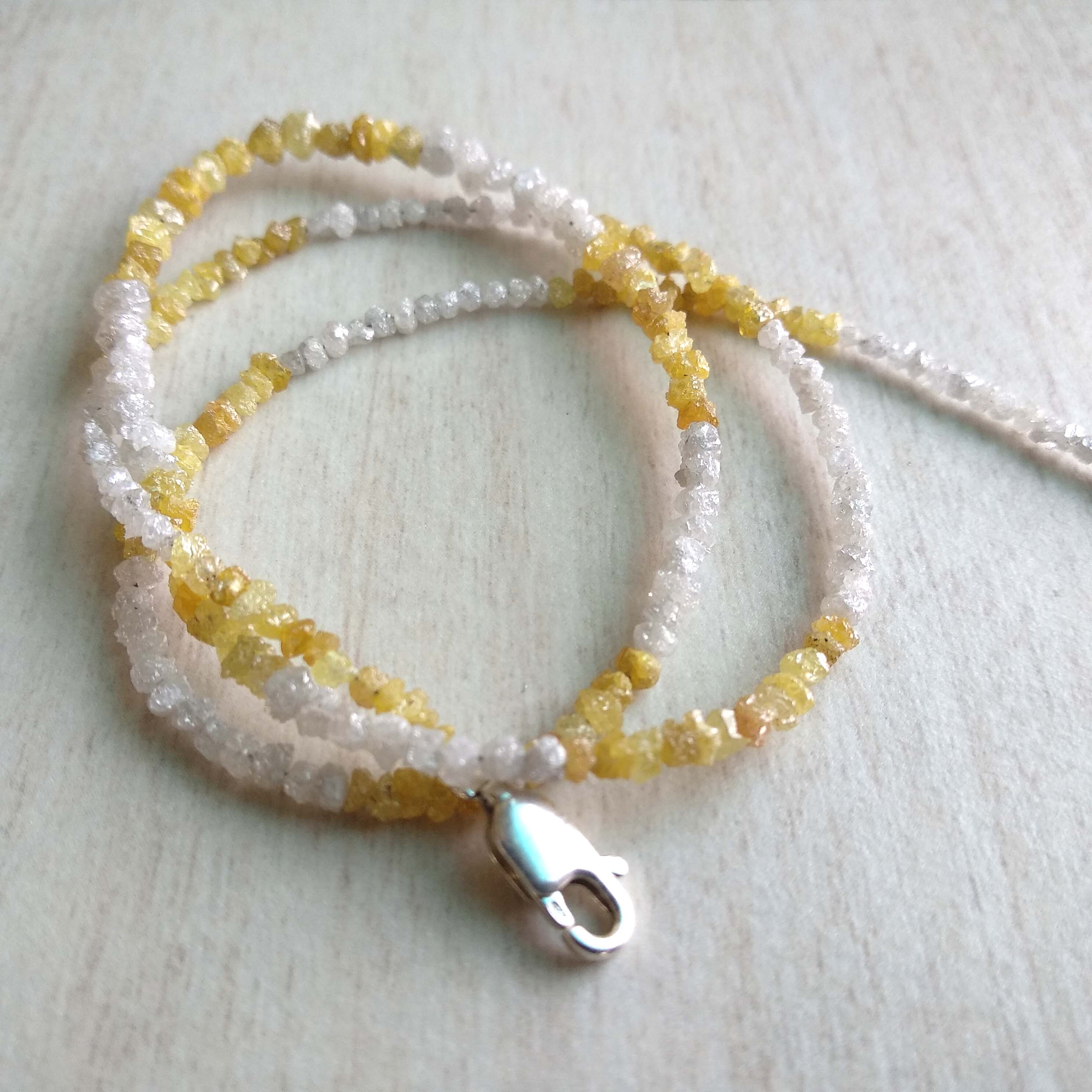 20.00 Ct Natural White Yellow Color Raw Uncut Rough Loose Diamonds Beads 16" Necklace Strand with Silver Clasp