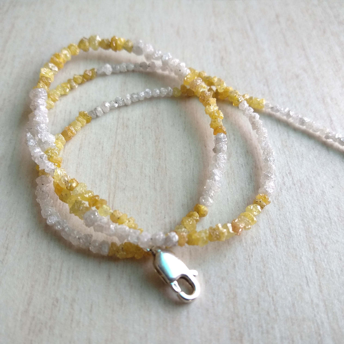 20.00 Ct Natural White Yellow Color Raw Uncut Rough Loose Diamonds Beads 16" Necklace Strand with Silver Clasp