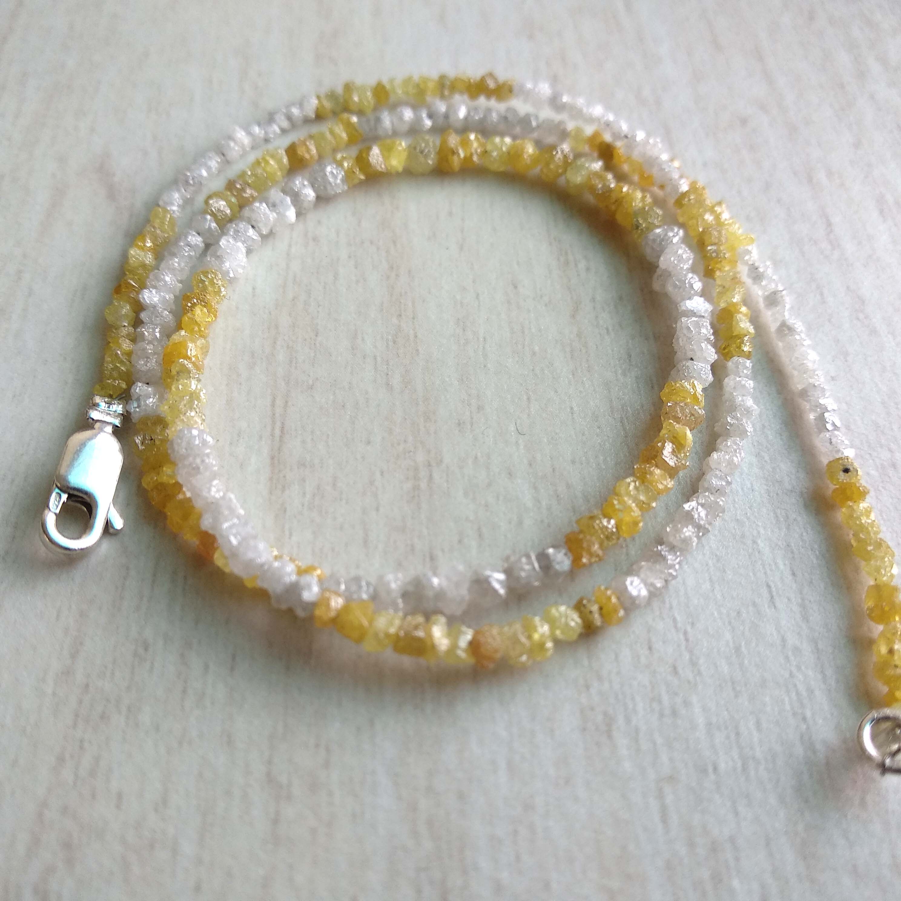20.00 Ct Natural White Yellow Color Raw Uncut Rough Loose Diamonds Beads 16" Necklace Strand with Silver Clasp