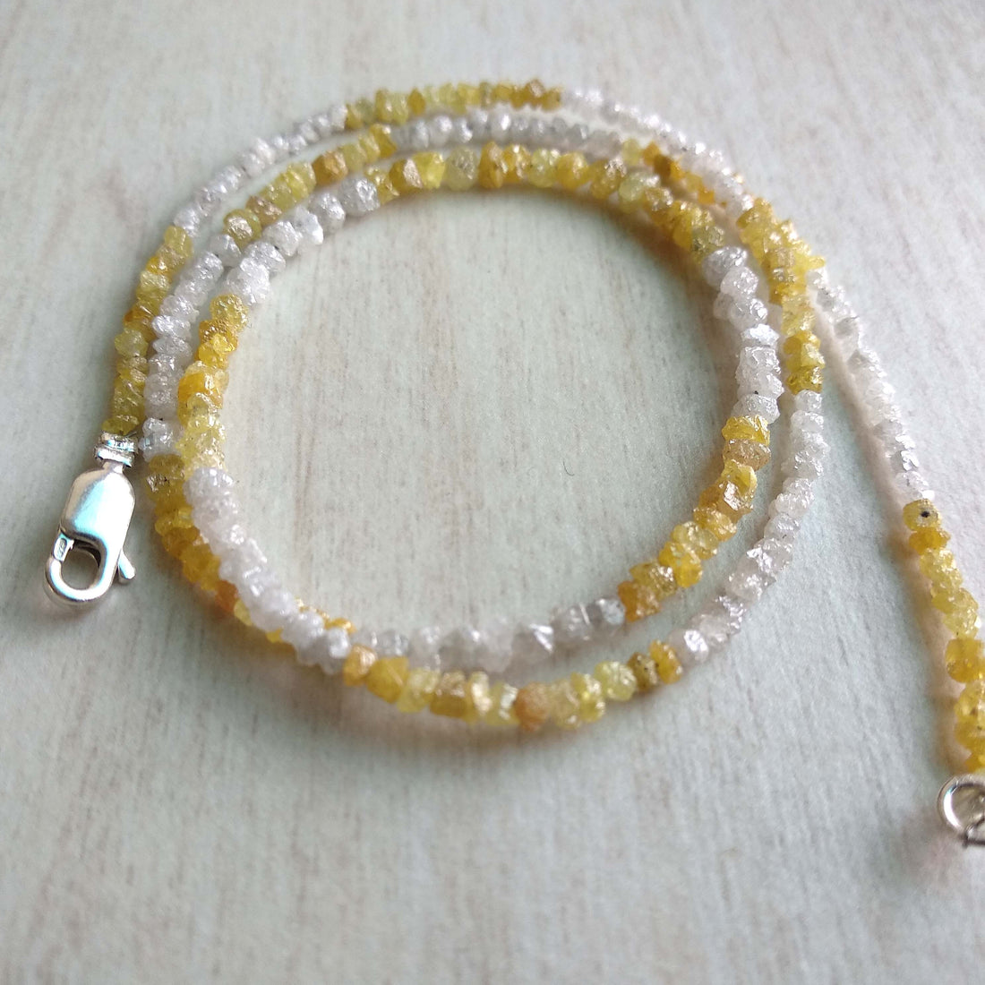 20.00 Ct Natural White Yellow Color Raw Uncut Rough Loose Diamonds Beads 16" Necklace Strand with Silver Clasp