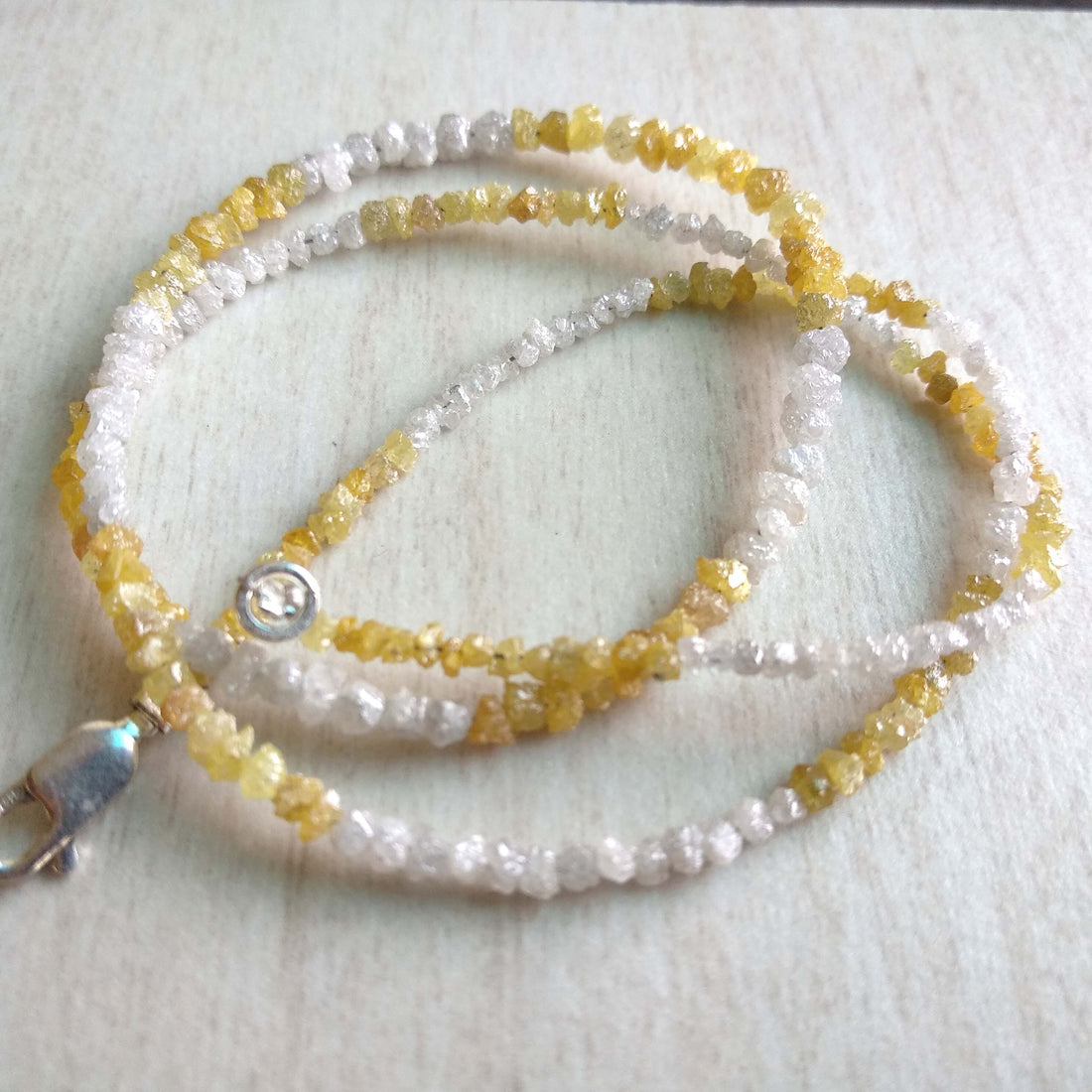 20.00 Ct Natural White Yellow Color Raw Uncut Rough Loose Diamonds Beads 16" Necklace Strand with Silver Clasp