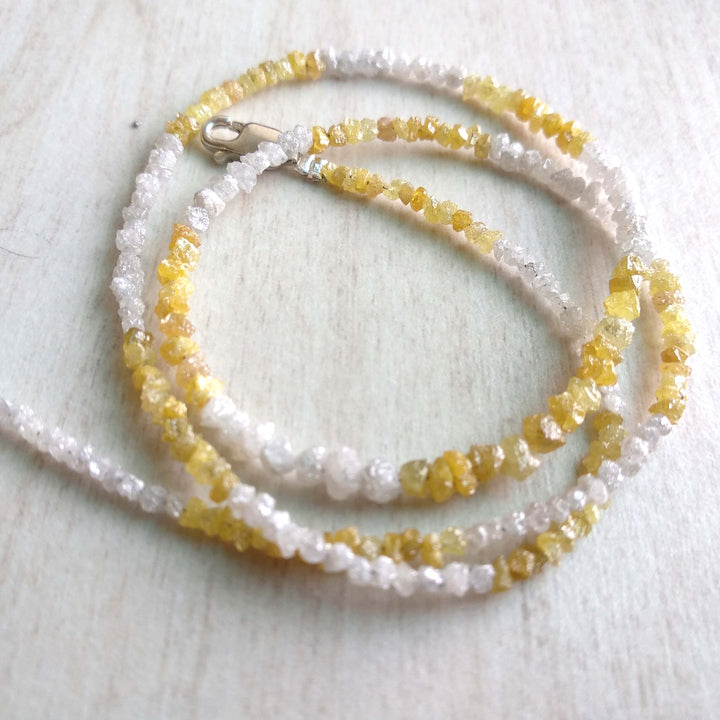 20.00 Ct Natural White Yellow Color Raw Uncut Rough Loose Diamonds Beads 16" Necklace Strand with Silver Clasp