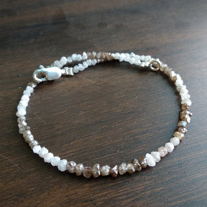 8.00 Ct Natural White Brown Color Rough Loose Diamond Beads 6.50" Bracelet wt Silver Clasp