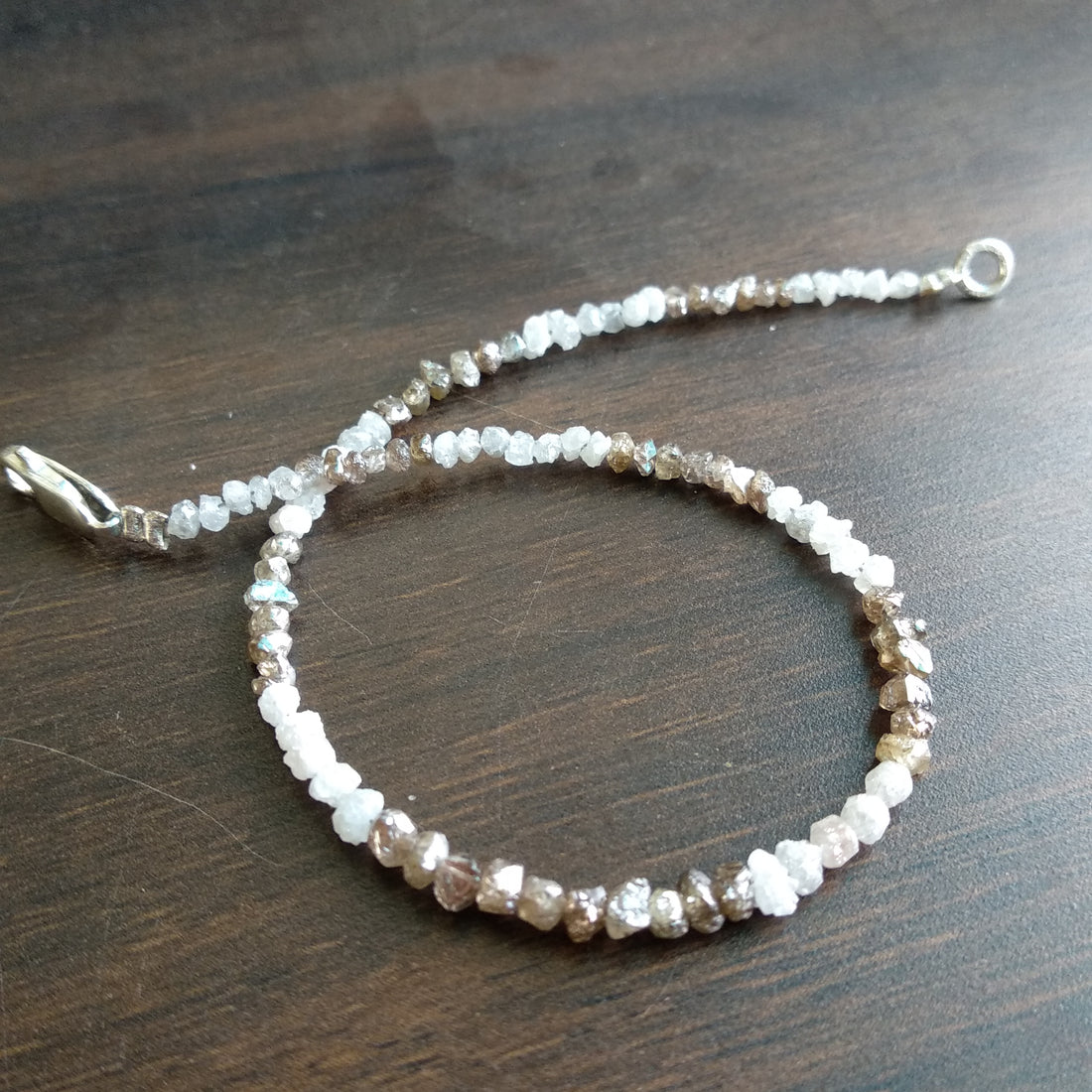 8.00 Ct Natural White Brown Color Rough Loose Diamond Beads 6.50" Bracelet wt Silver Clasp