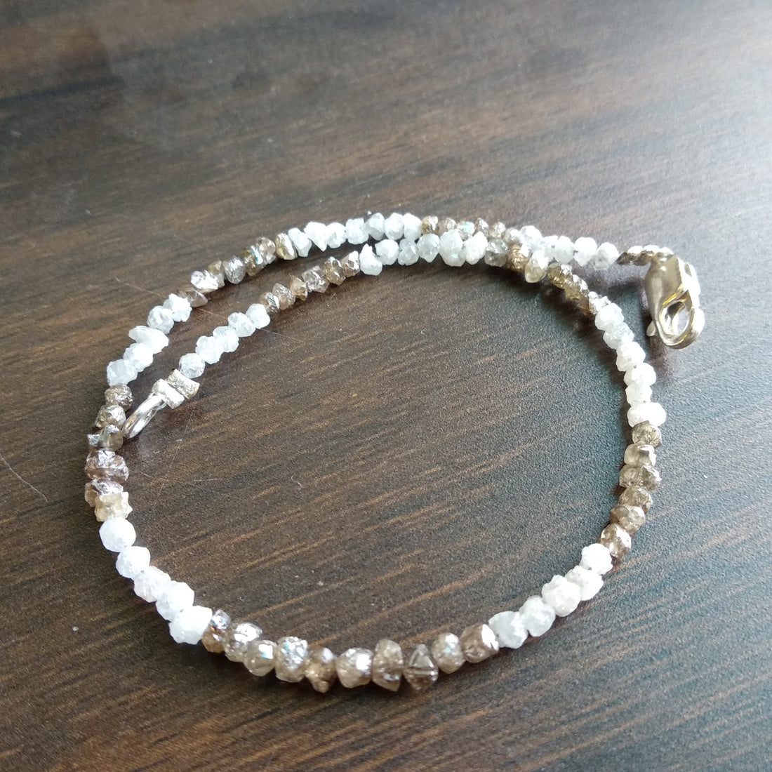 8.00 Ct Natural White Brown Color Rough Loose Diamond Beads 6.50" Bracelet wt Silver Clasp