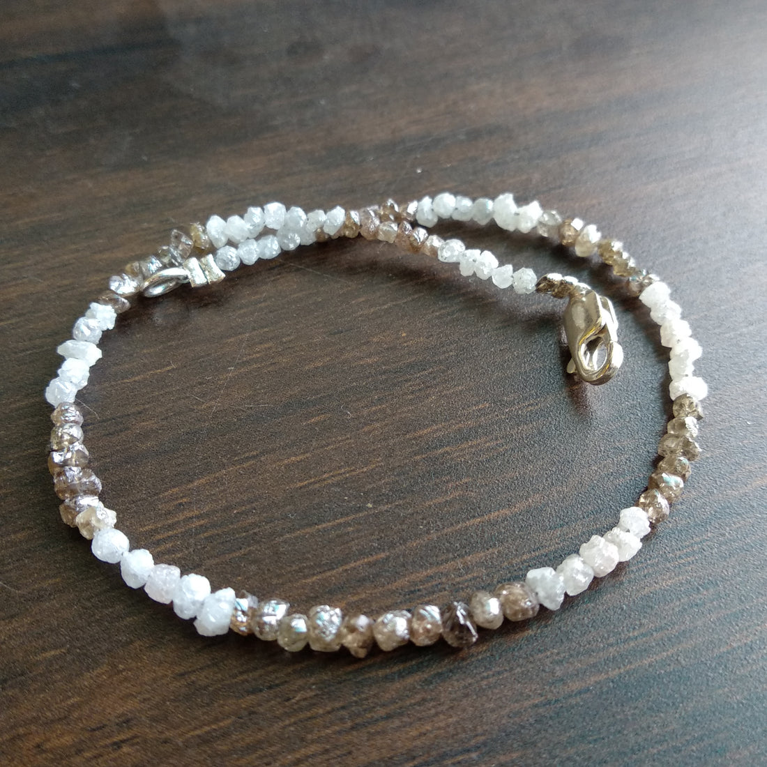 8.00 Ct Natural White Brown Color Rough Loose Diamond Beads 6.50" Bracelet wt Silver Clasp