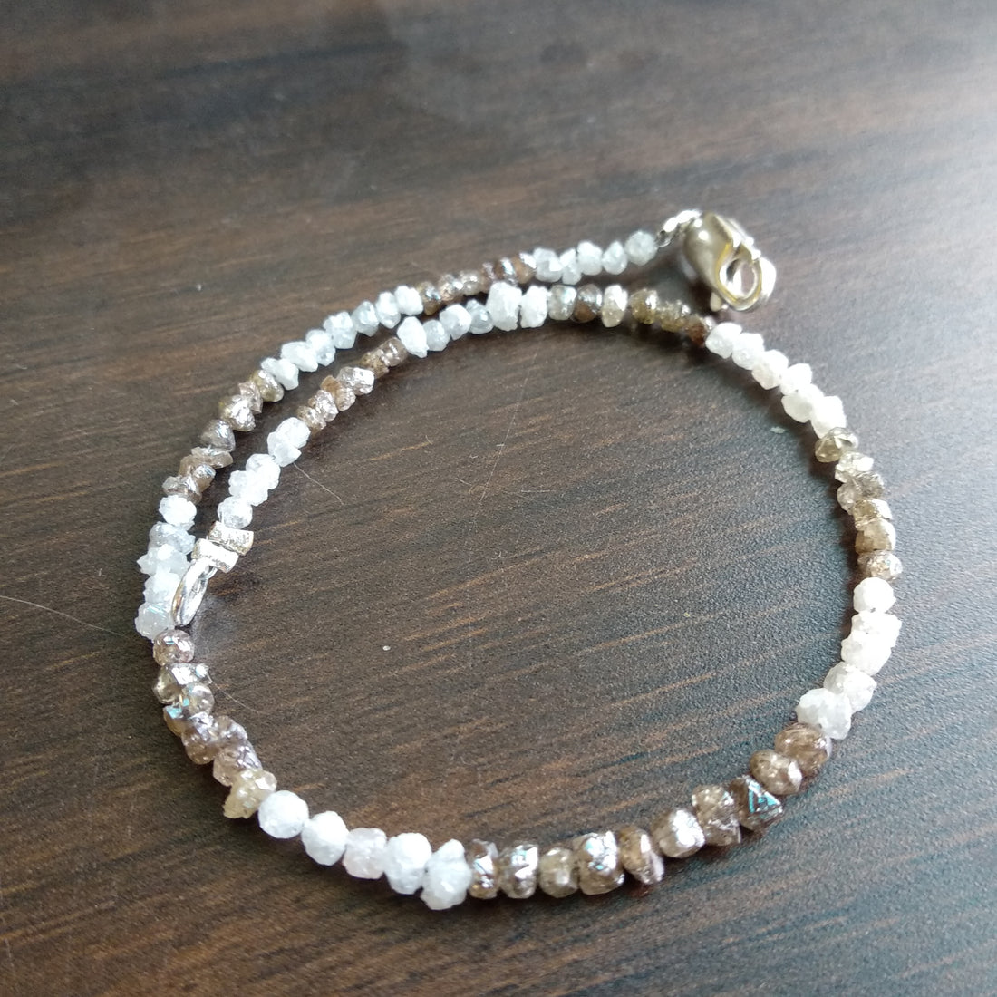 8.00 Ct Natural White Brown Color Rough Loose Diamond Beads 6.50" Bracelet wt Silver Clasp