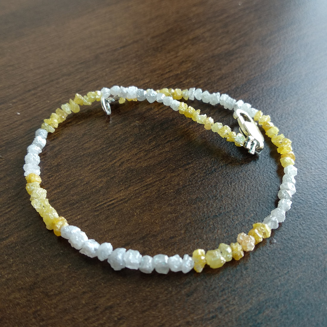 8.00 Ct Natural White Yellow Color Rough Loose Diamond Beads 6.50" Bracelet wt Silver Clasp