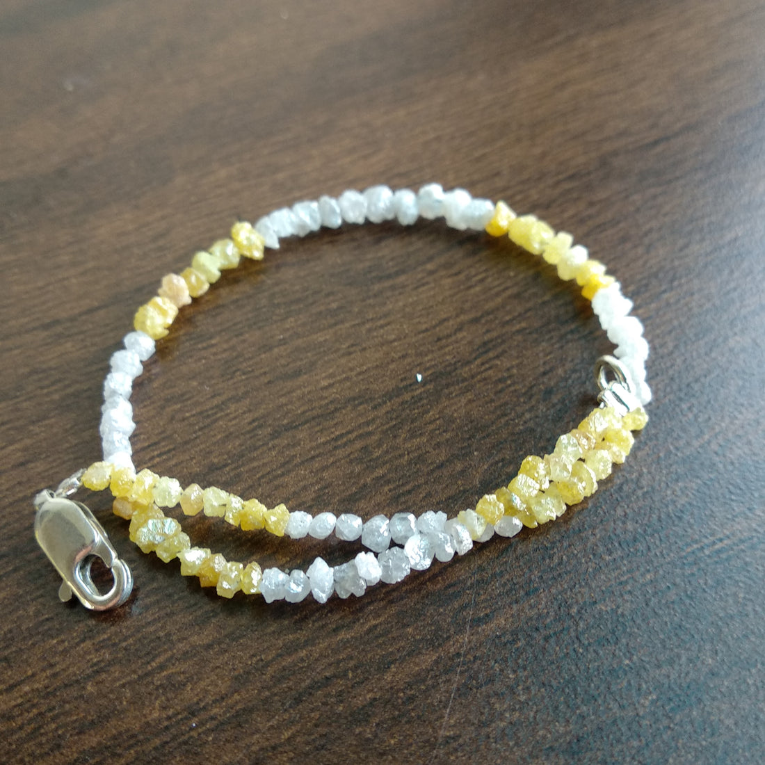 8.00 Ct Natural White Yellow Color Rough Loose Diamond Beads 6.50" Bracelet wt Silver Clasp