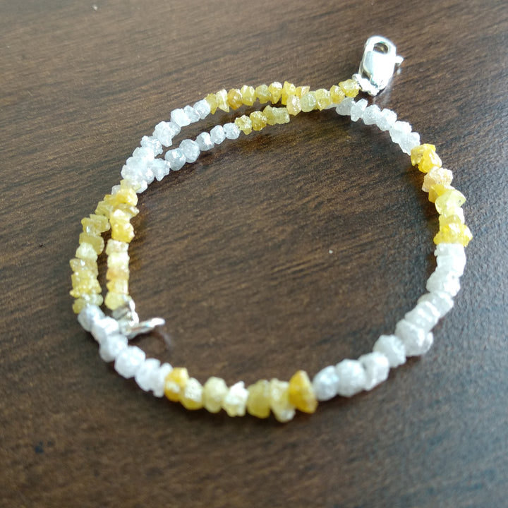 8.00 Ct Natural White Yellow Color Rough Loose Diamond Beads 6.50" Bracelet wt Silver Clasp