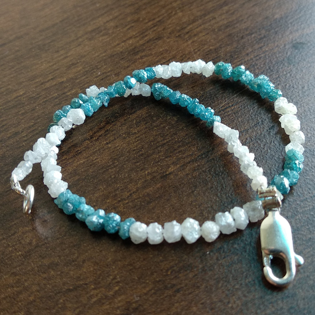 8.00 Ct Natural White Blue Color Rough Loose Diamond Beads 6.50" Bracelet wt Silver Clasp