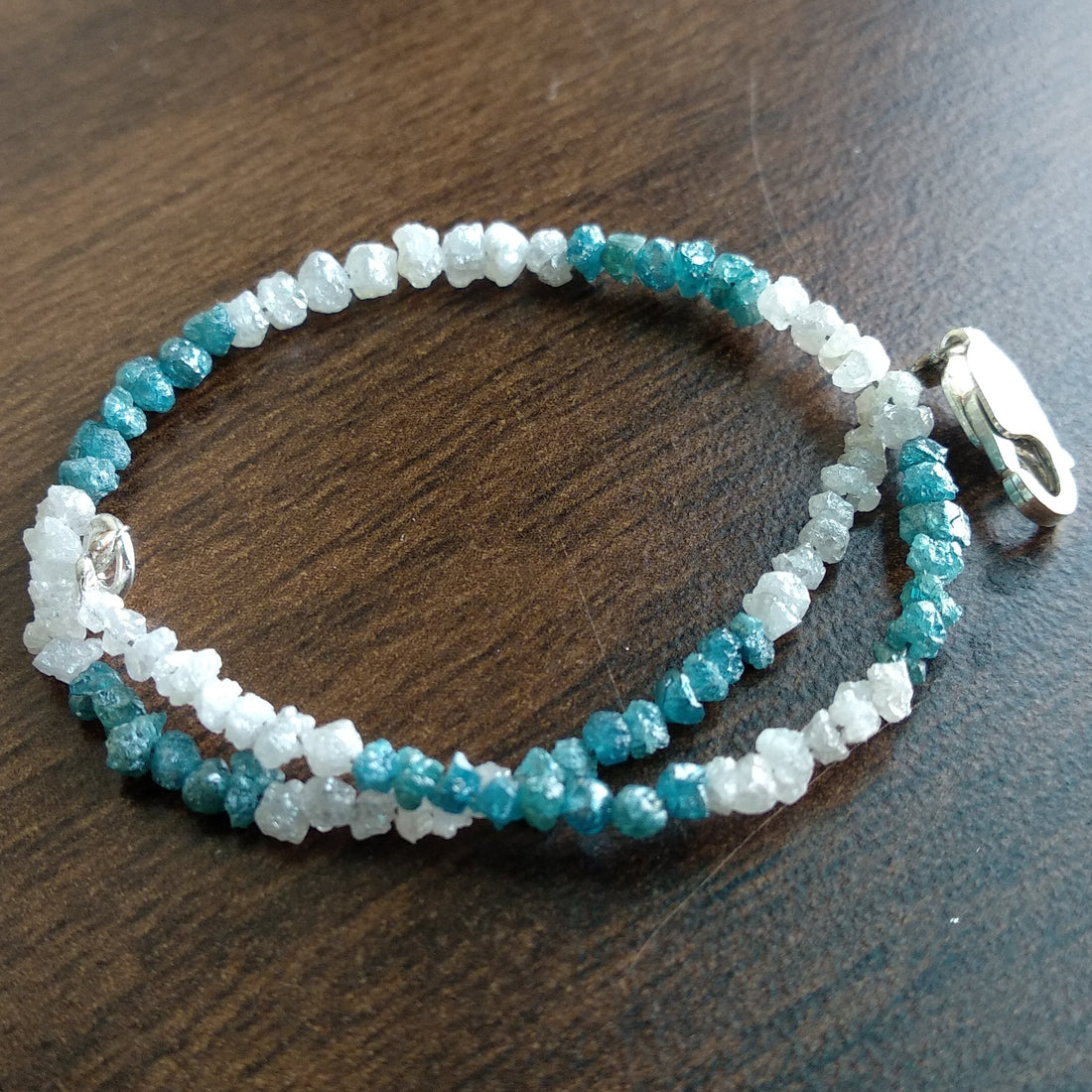 8.00 Ct Natural White Blue Color Rough Loose Diamond Beads 6.50" Bracelet wt Silver Clasp